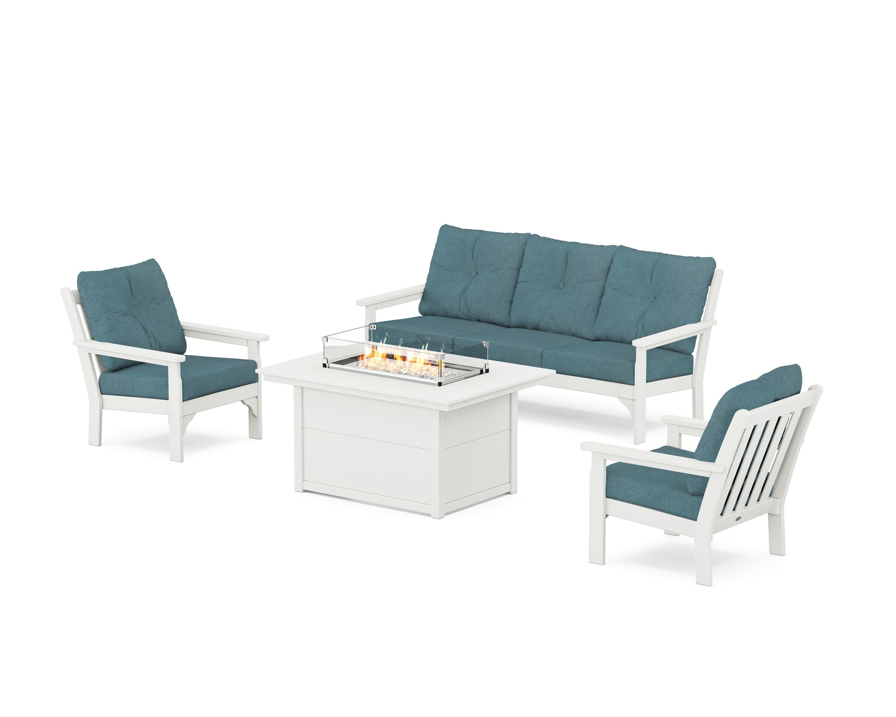 Vineyard Deep Seating Fire Pit Table Set in Vintage White / Ocean Teal