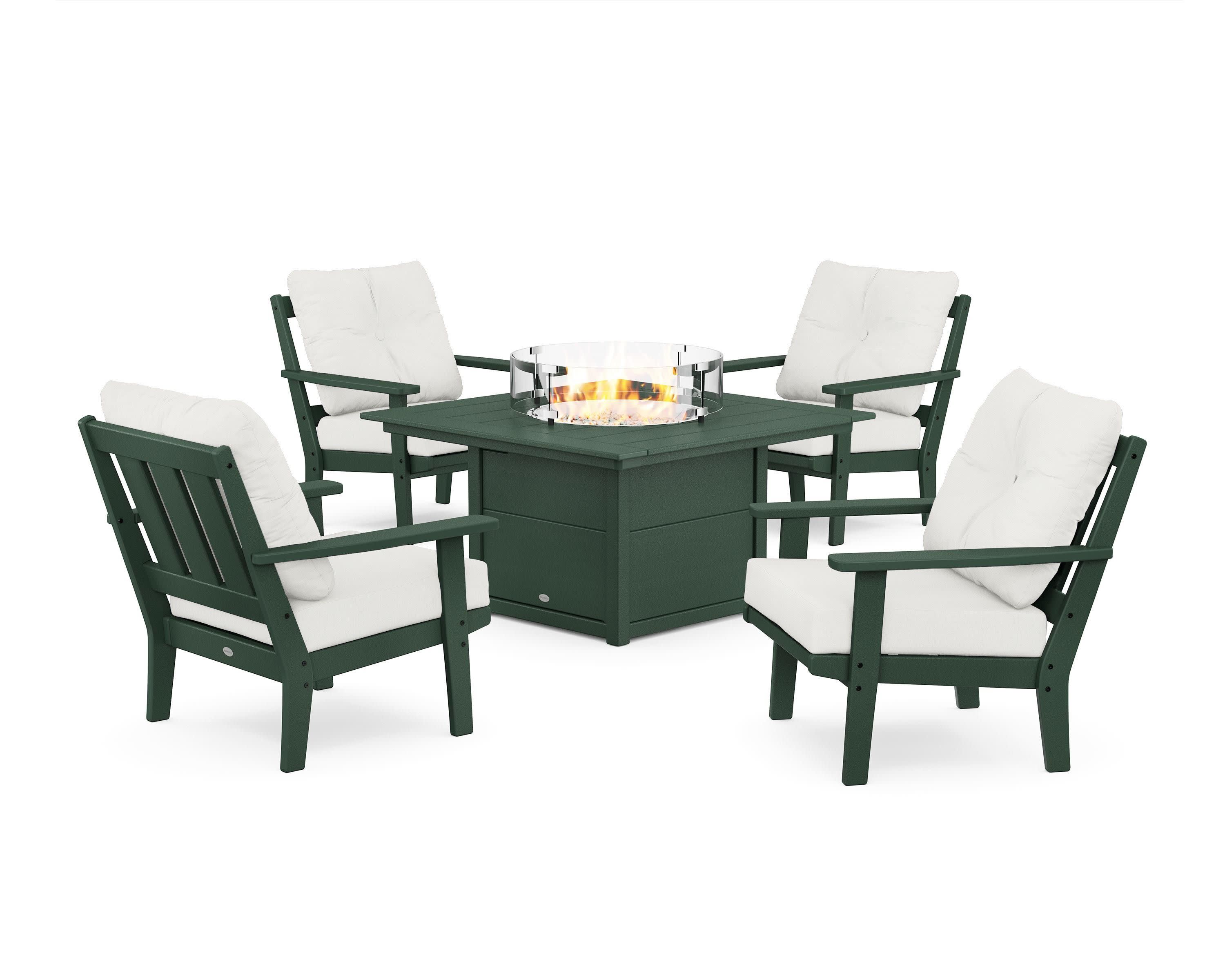 Oxford 5-Piece Deep Seating Set with Fire Pit Table in Green / Natural Linen