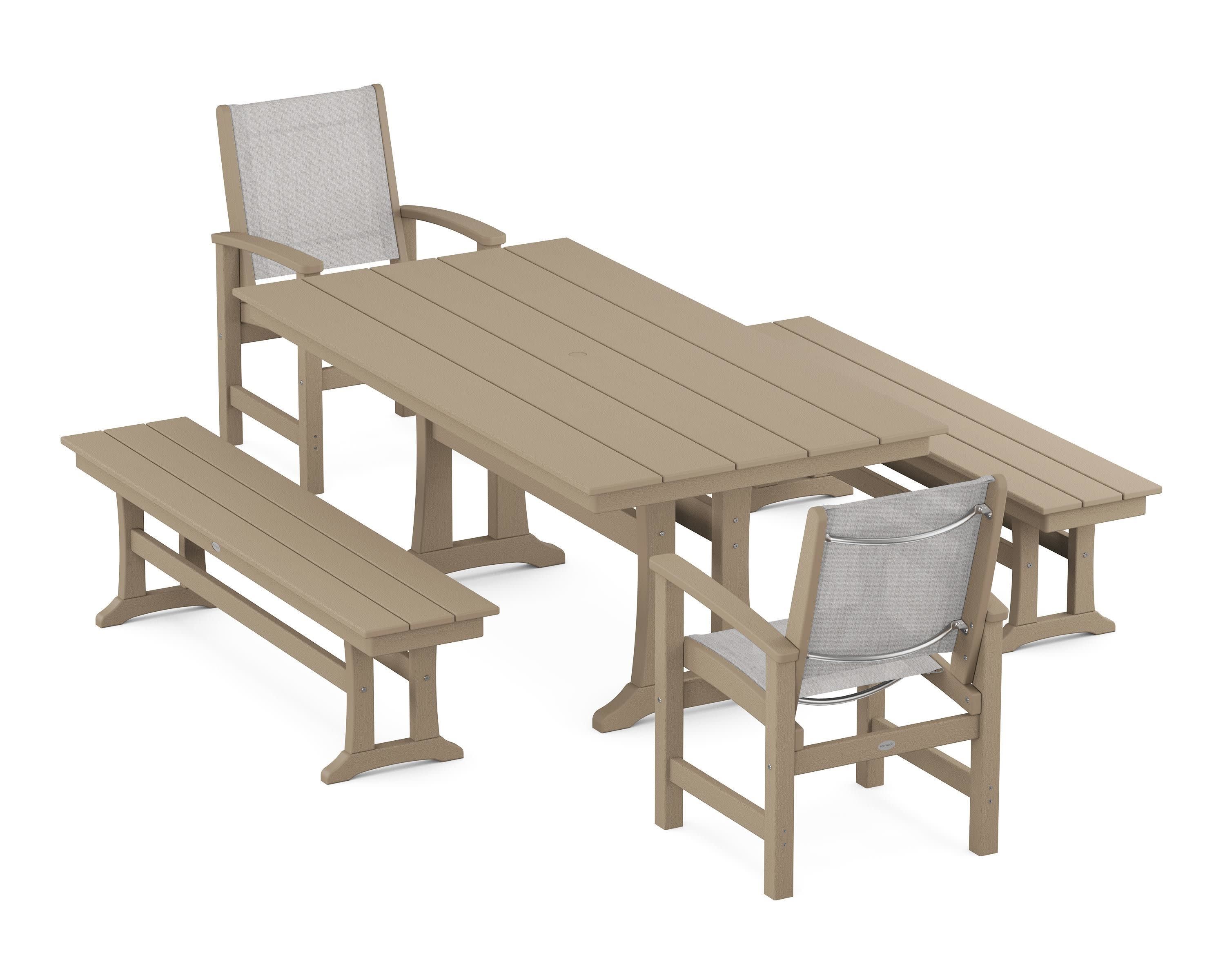 Coastal 5-Piece Farmhouse Dining Set with Trestle Legs and Benches in Vintage Sahara / Parchment Sling