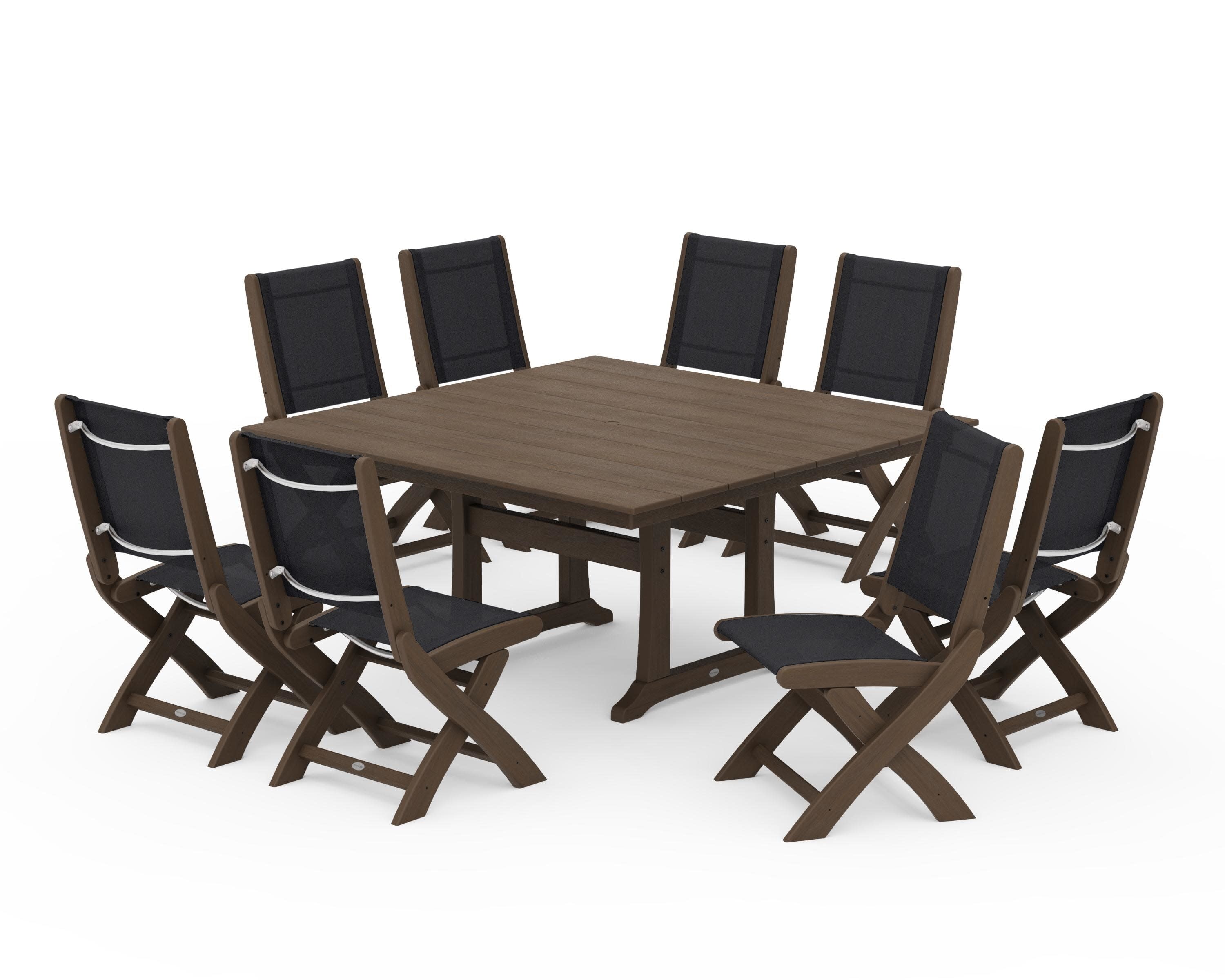 Coastal Folding Side Chair 9-Piece Dining Set with Trestle Legs in Kona / Black Sling