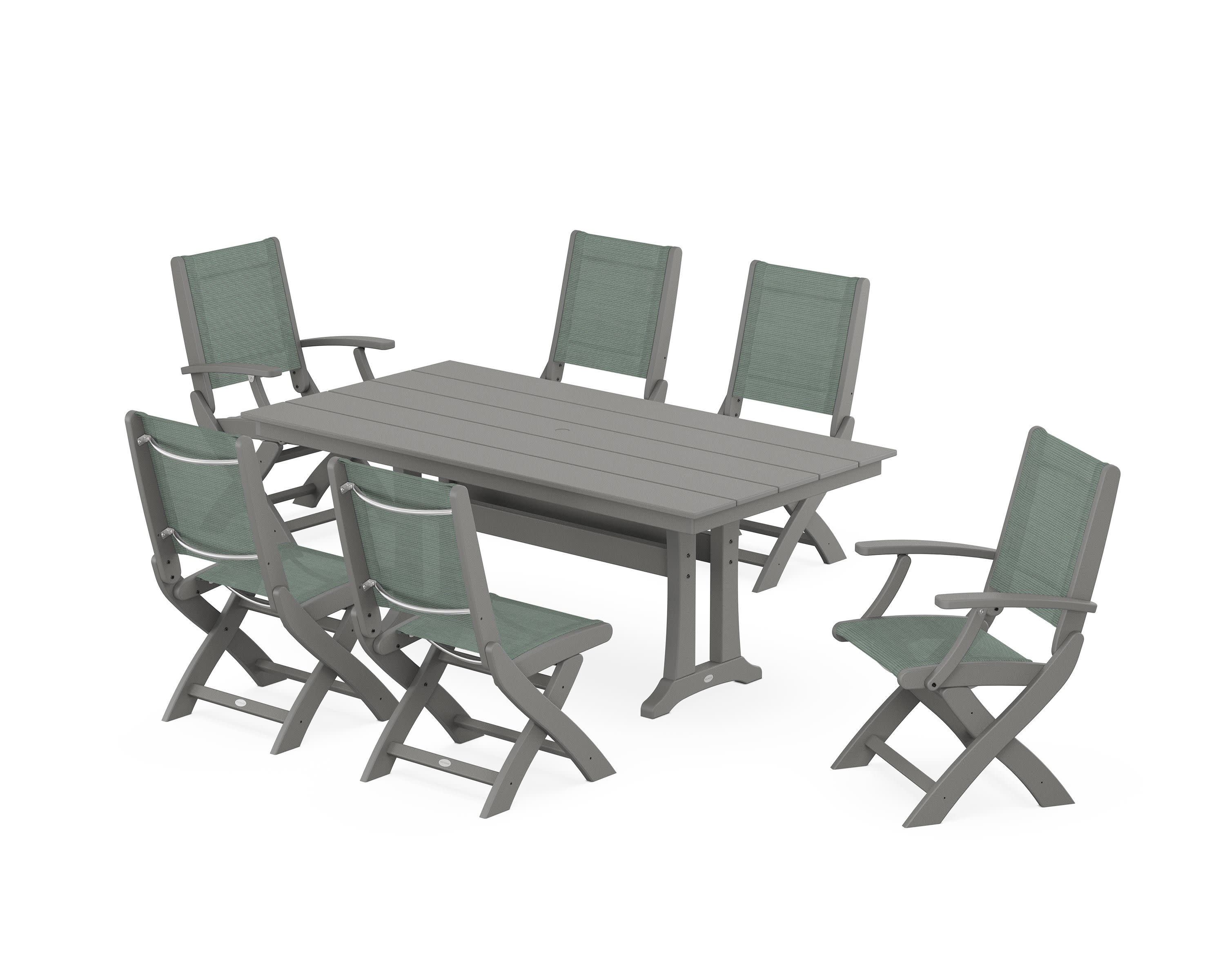 Coastal Folding Chair 7-Piece Farmhouse Dining Set with Trestle Legs in Slate Grey / Dupioni Sea Mist Sling