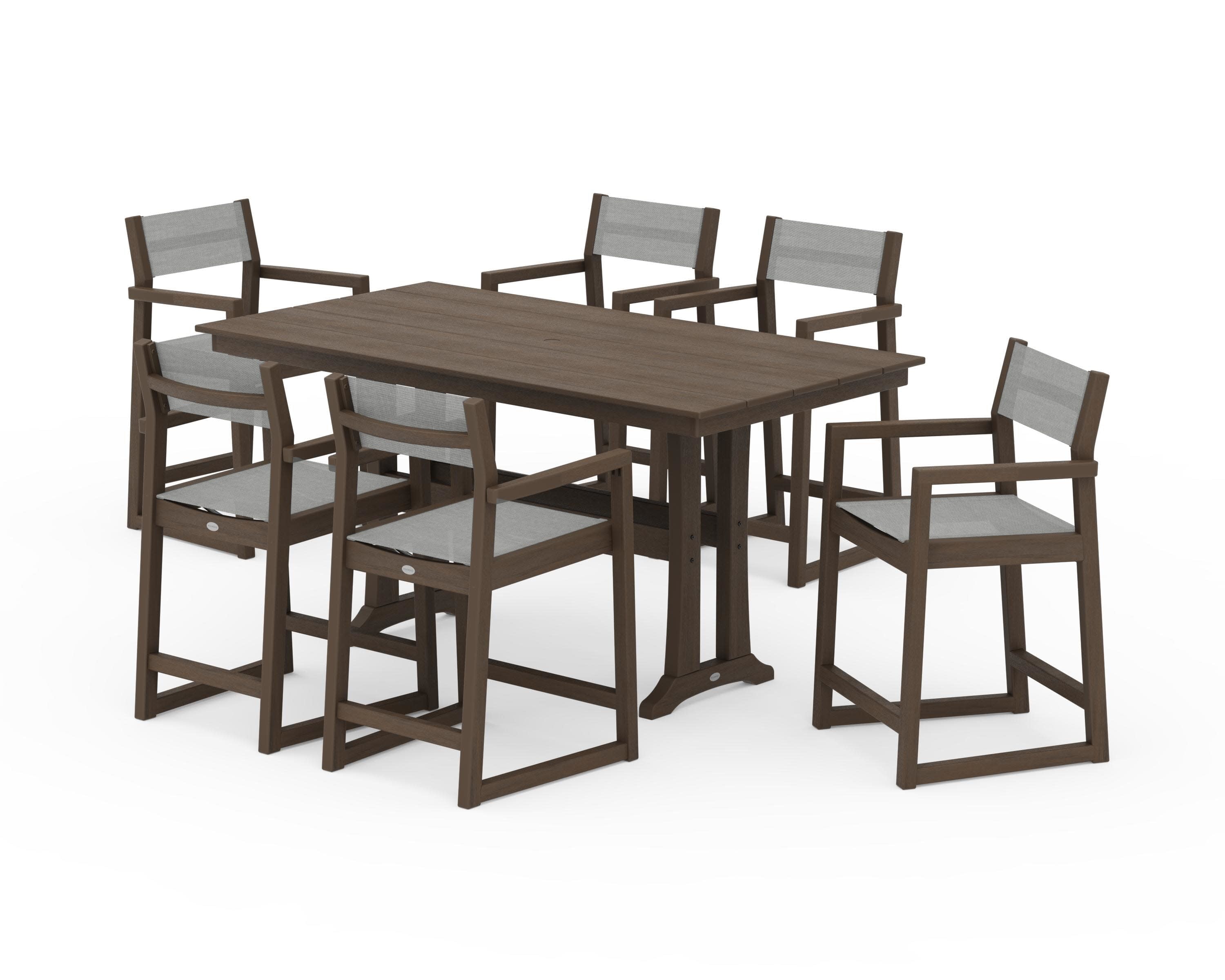 EDGE Sling Arm Chair 7-Piece Farmhouse Counter Set with Trestle Legs in Kona / Metallic Sling