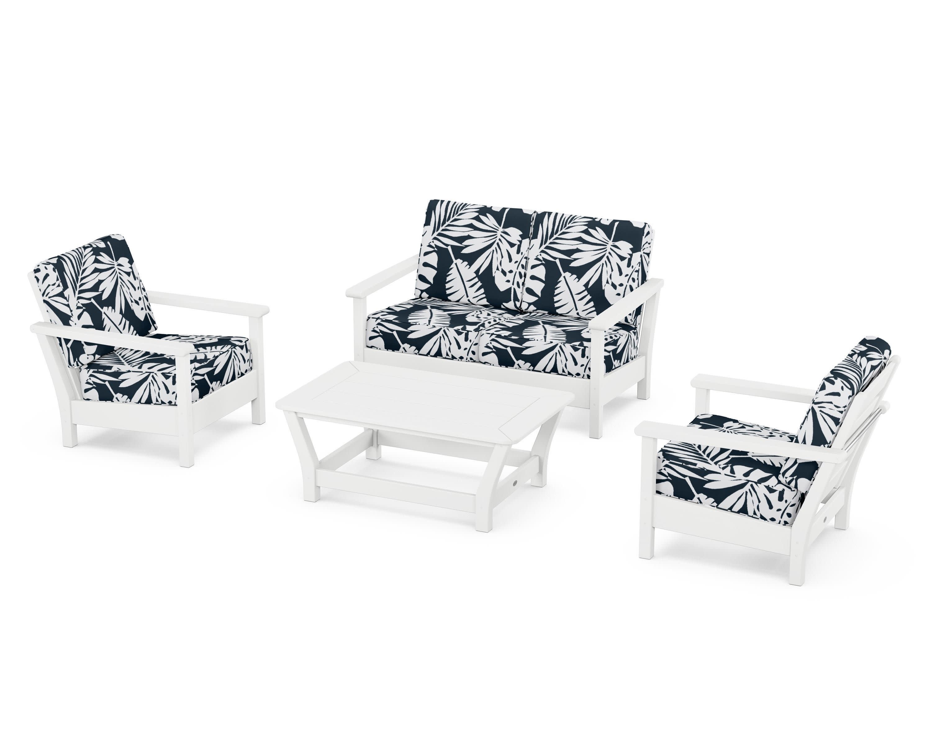 Harbour 4-Piece Deep Seating Set in White / Leaf Marine Indigo