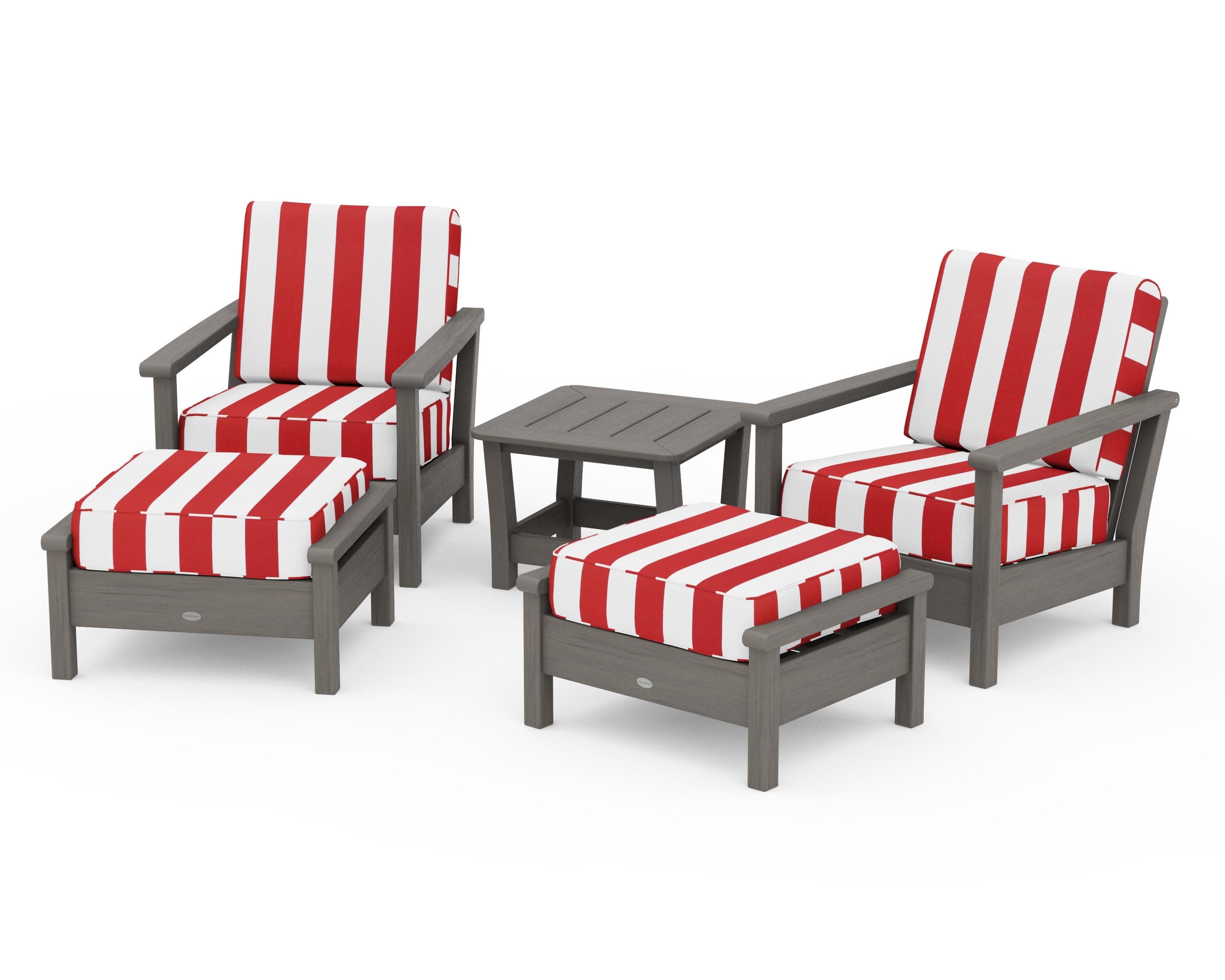 Harbour 5-Piece Deep Seating Chair Set in Driftwood / Cabana Stripe Crimson