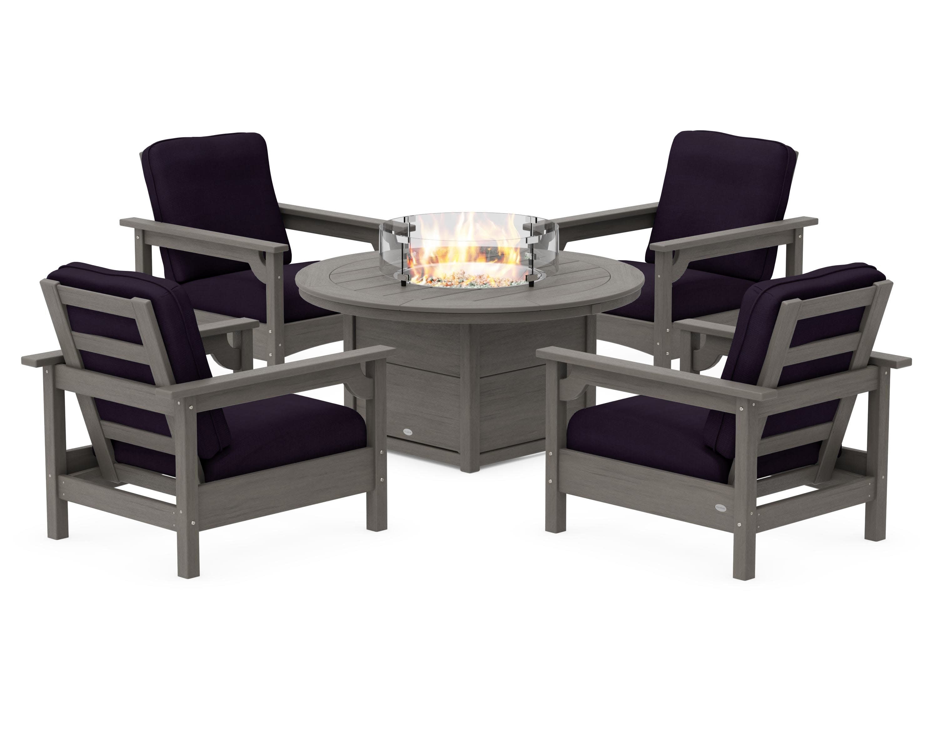Club 5-Piece Conversation Set with Fire Pit Table in Driftwood / Navy Linen