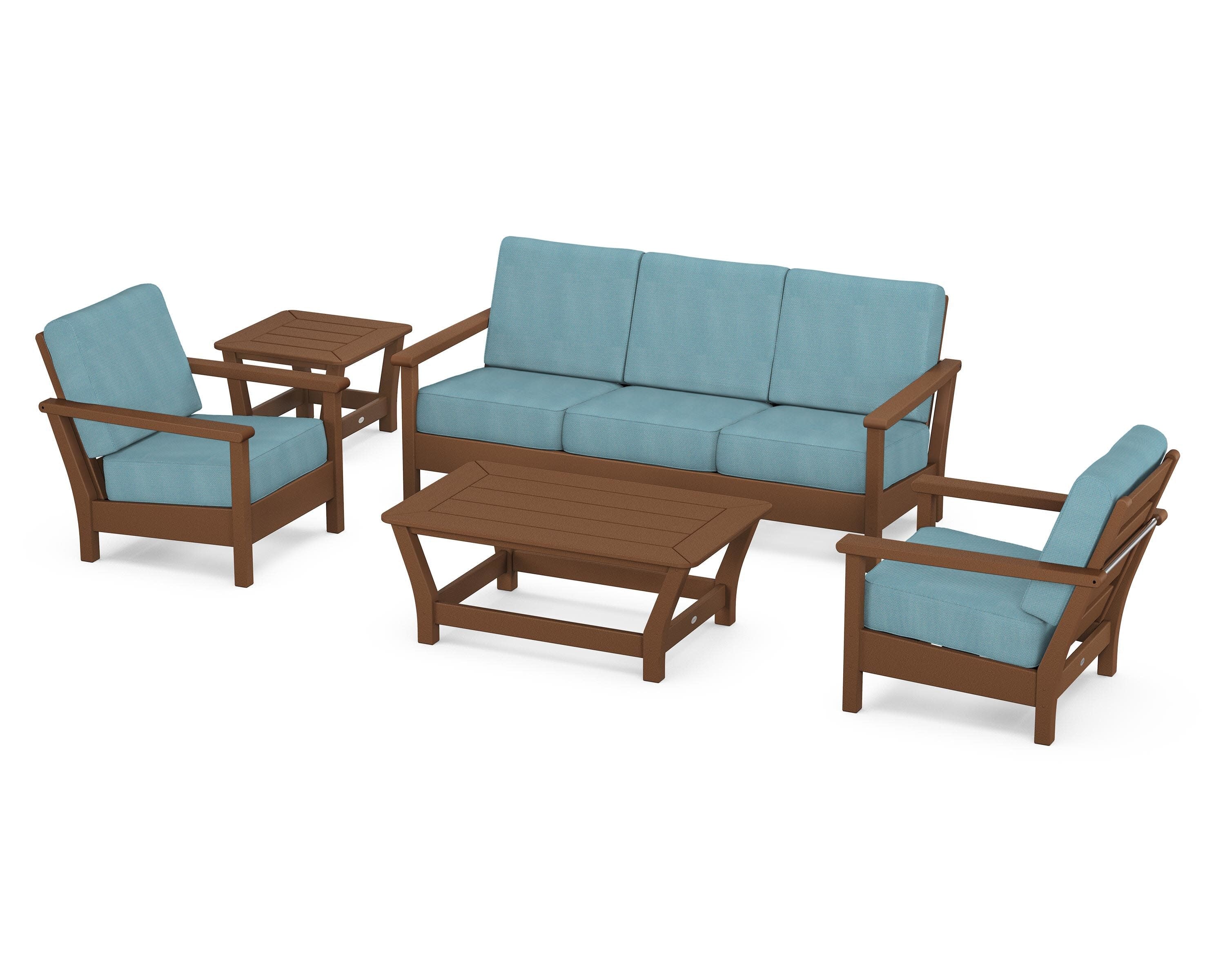 Harbour 5-Piece Deep Seating Set in Teak / Lattice Sky Blue