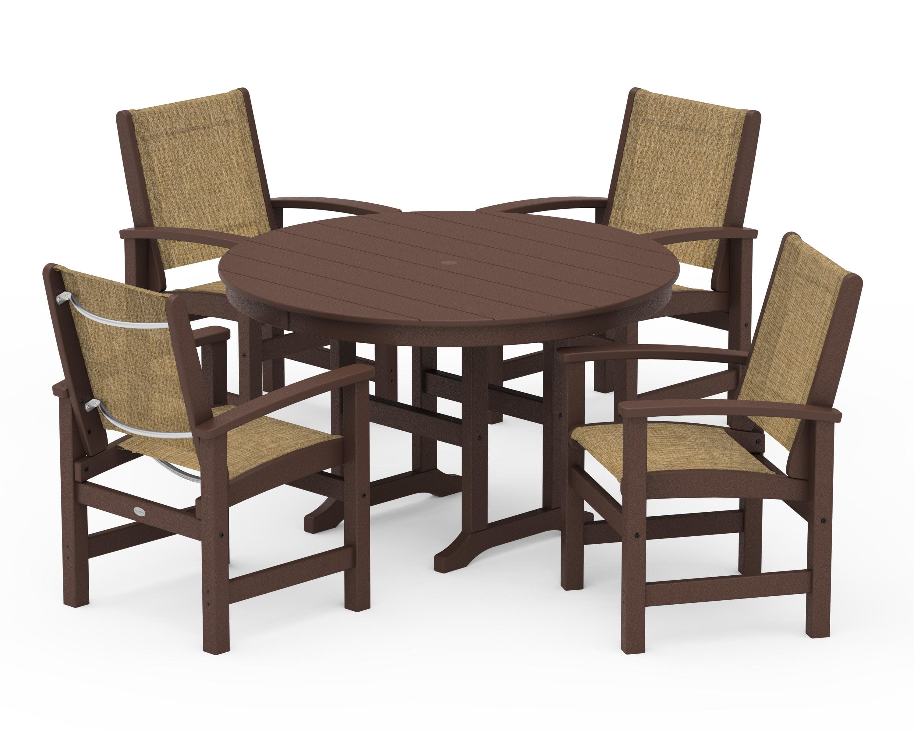 Coastal 5-Piece Round Farmhouse Dining Set in Mahogany / Burlap Sling