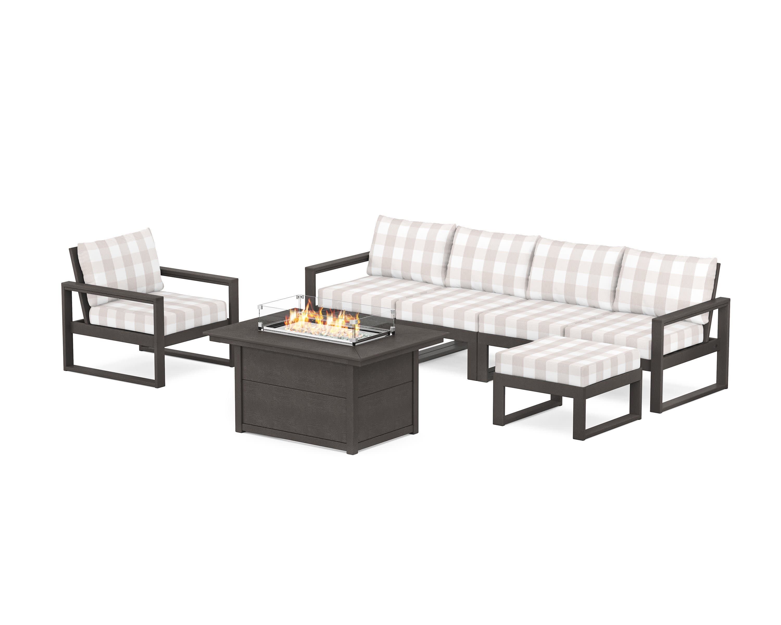 EDGE Sectional Lounge and Fire Pit Set in Vintage Coffee / Buffalo Plaid Dune Burlap