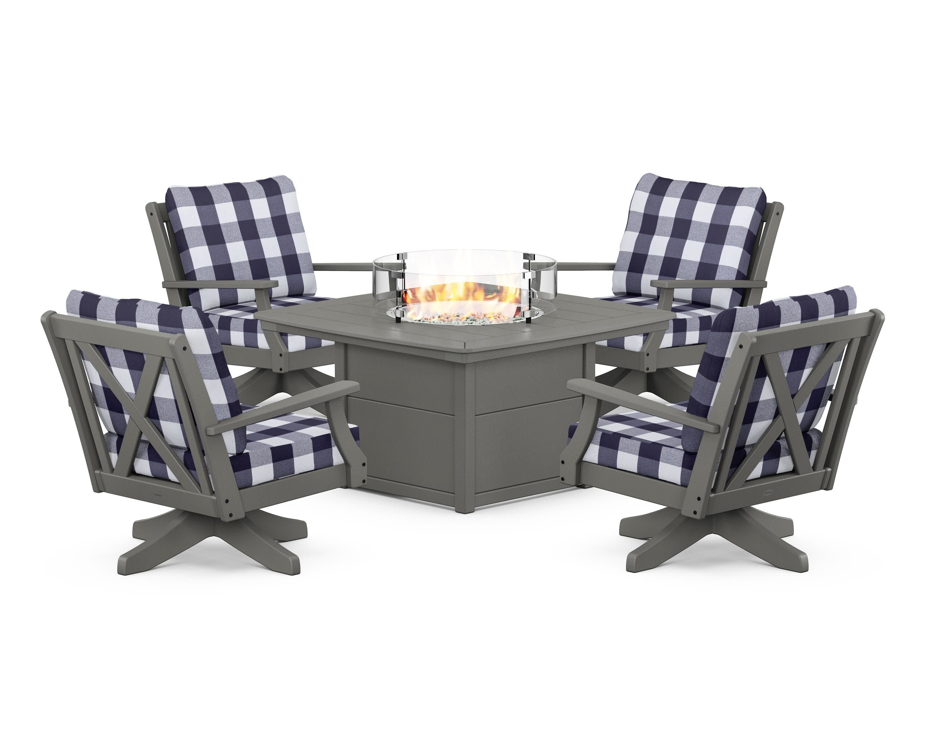 Braxton 5-Piece Deep Seating Swivel Conversation Set with Fire Pit Table in Slate Grey / Buffalo Plaid Navy