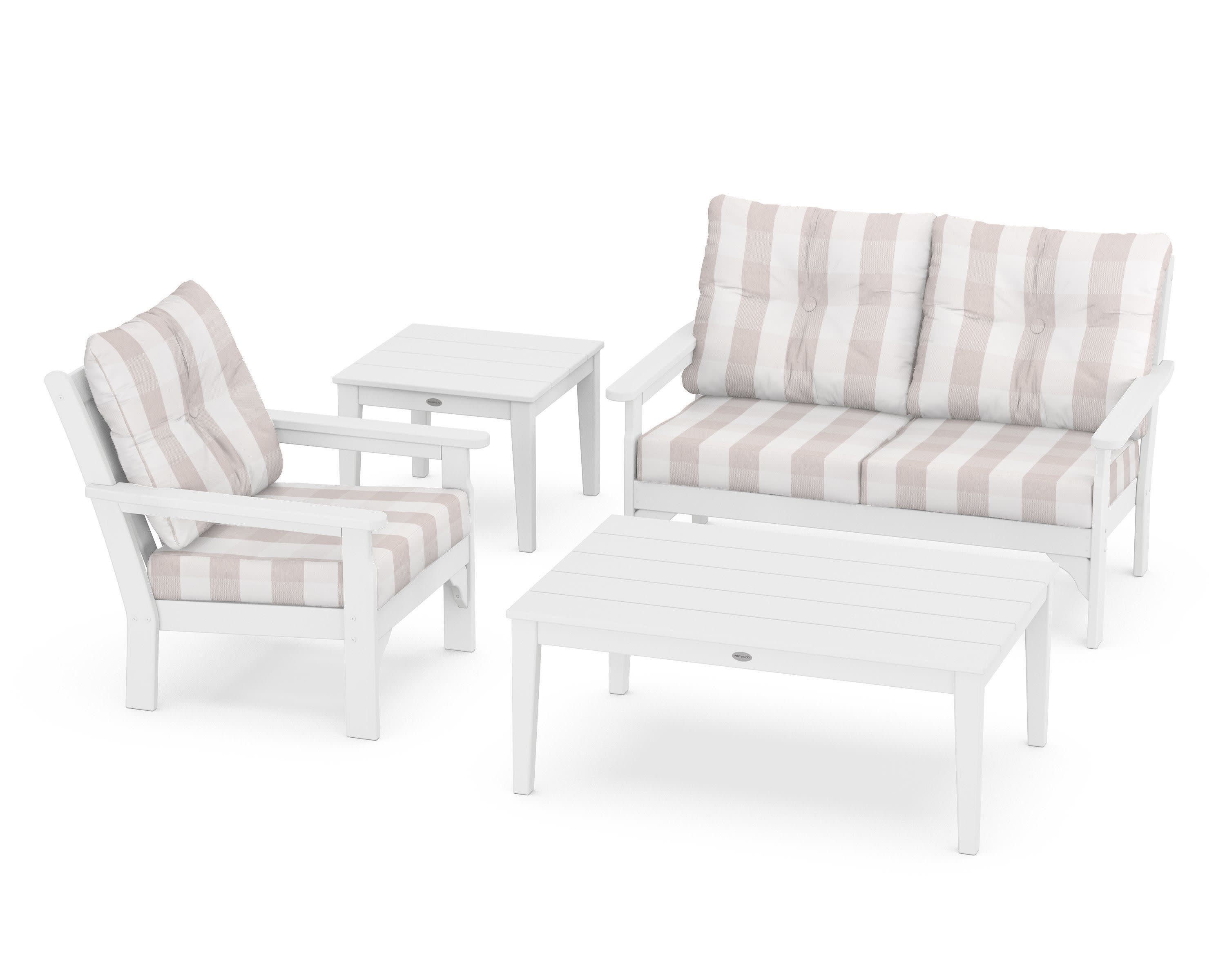 Vineyard 4-Piece Deep Seating Set in White / Buffalo Plaid Dune Burlap