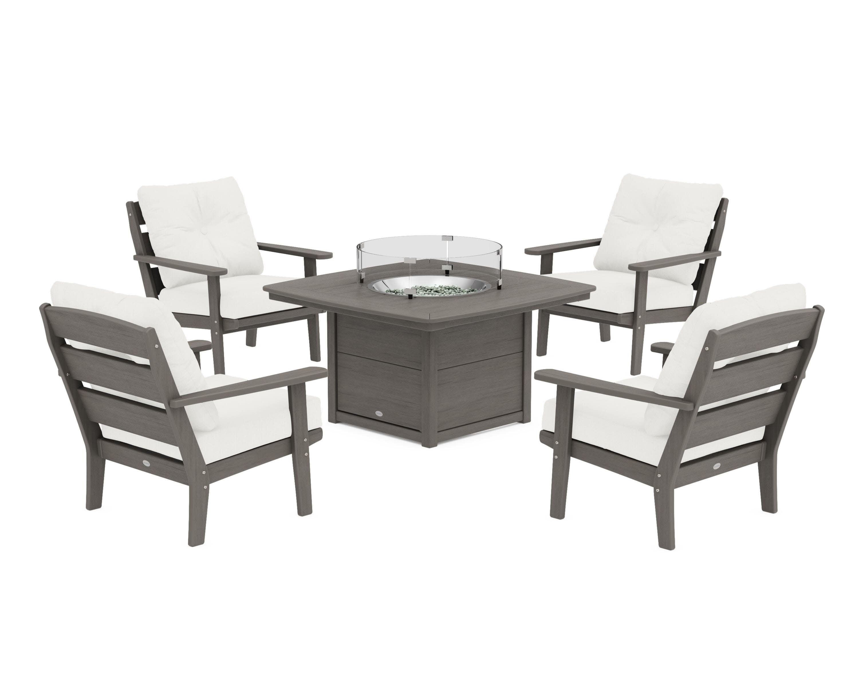 Lakeside 5-Piece Deep Seating Set with Nautical Fire Pit Table in Driftwood / Natural Linen
