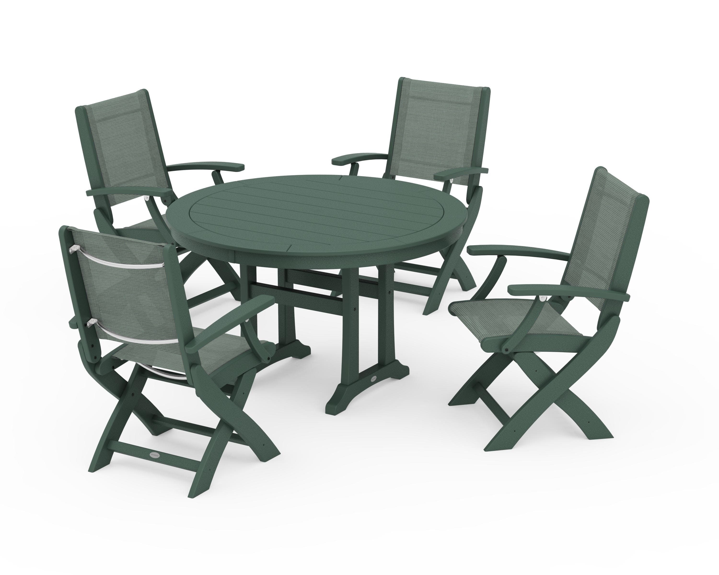 Coastal Folding Chair 5-Piece Round Dining Set with Trestle Legs in Green / Dupioni Sea Mist Sling