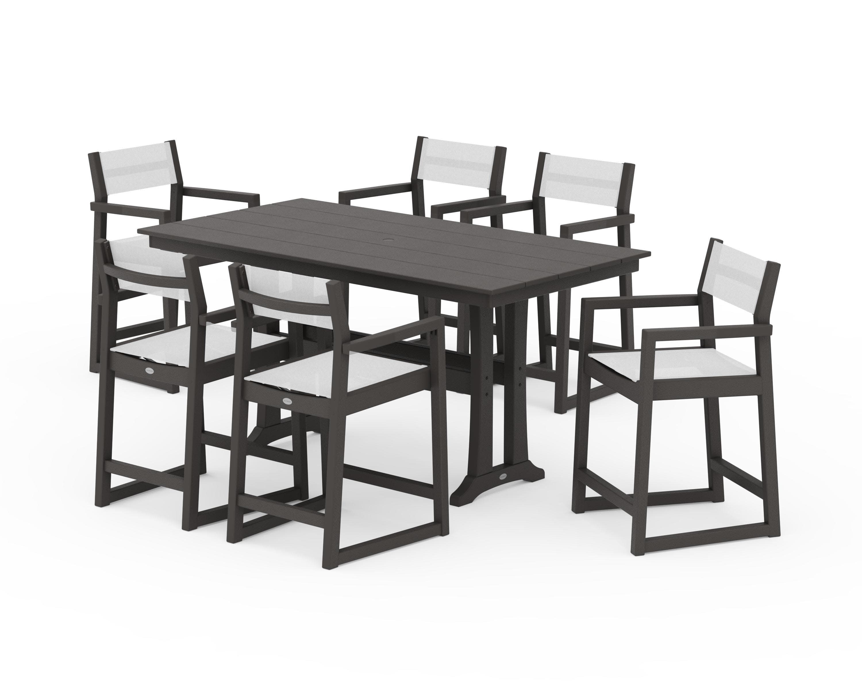 EDGE Sling Arm Chair 7-Piece Farmhouse Counter Set with Trestle Legs in Vintage Coffee / White Sling