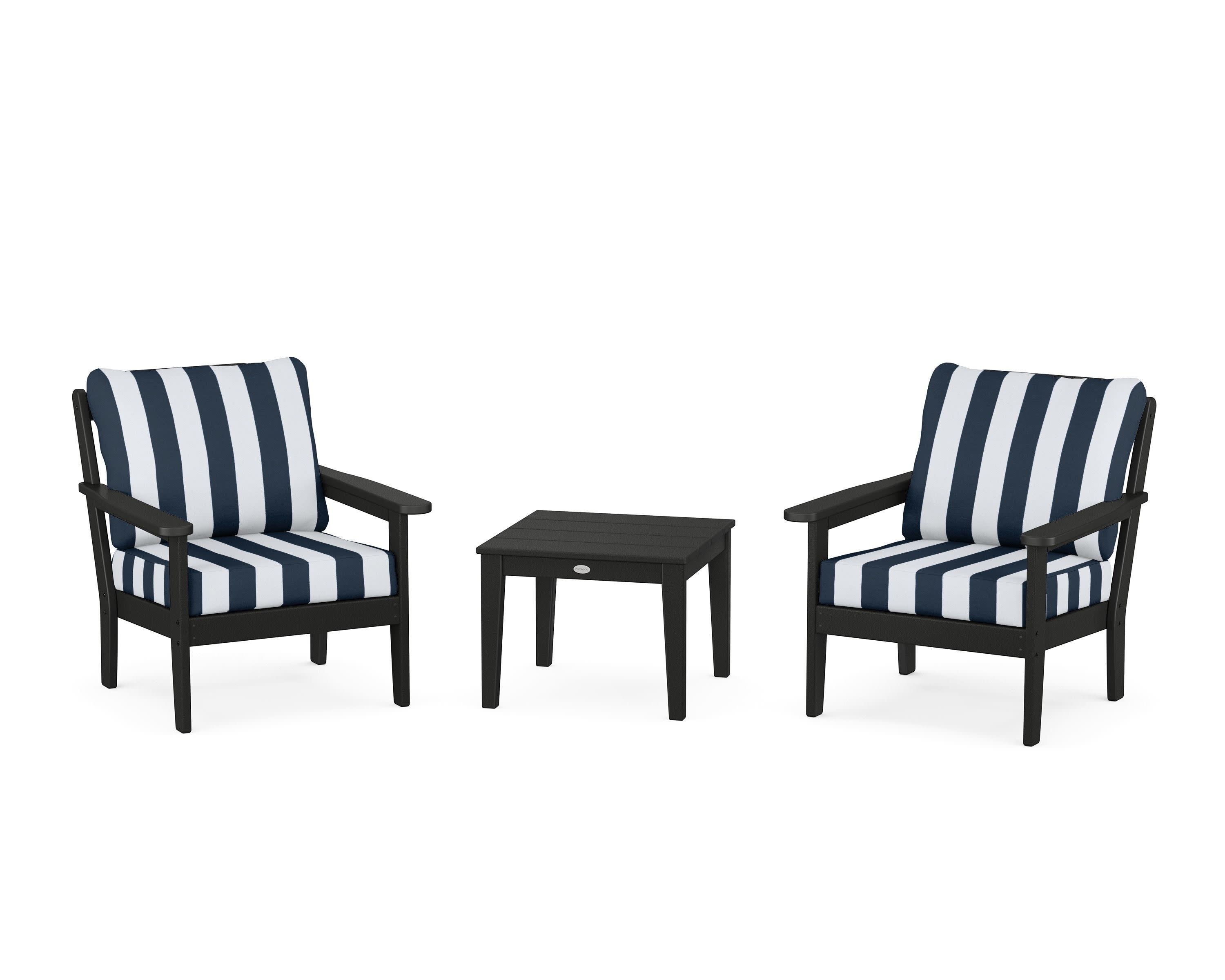Cottage 3-Piece Deep Seating Set in Black / Cabana Stripe Marine Indigo