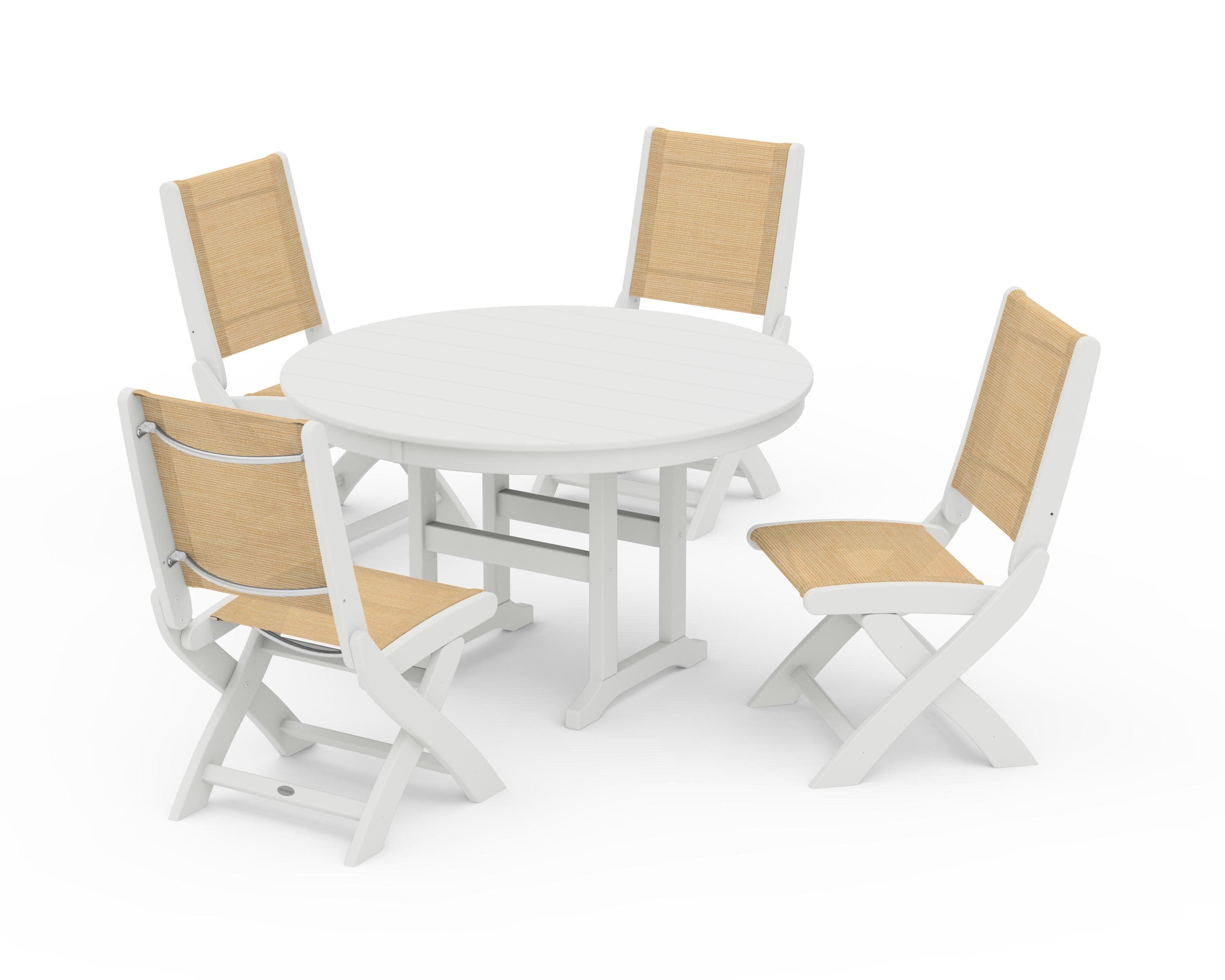 Coastal Folding Side Chair 5-Piece Round Dining Set in Vintage White / Dupioni Apricot Sling