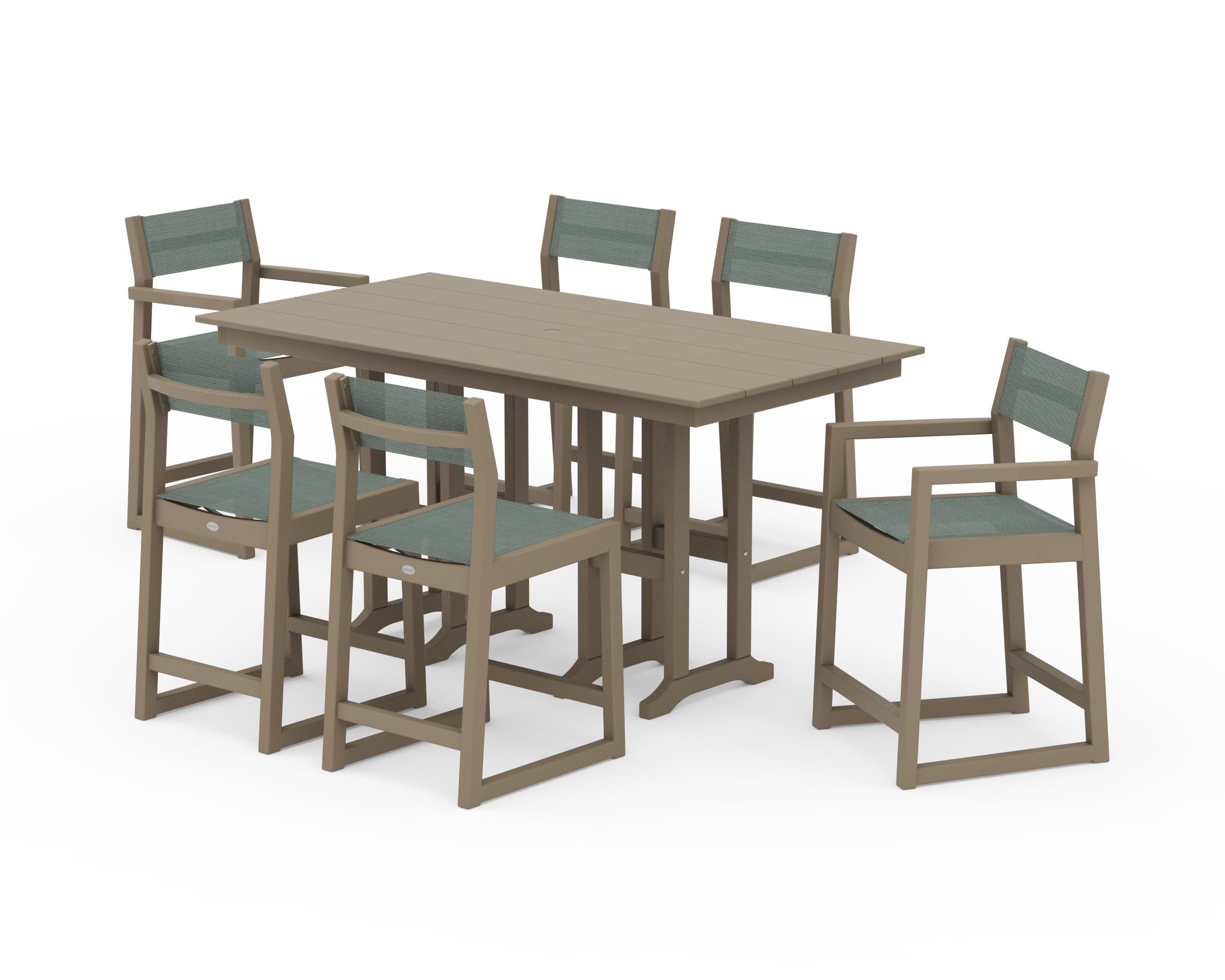 EDGE Sling 7-Piece Farmhouse Counter Set with Trestle Legs in Vintage Sahara / Dupioni Sea Mist Sling