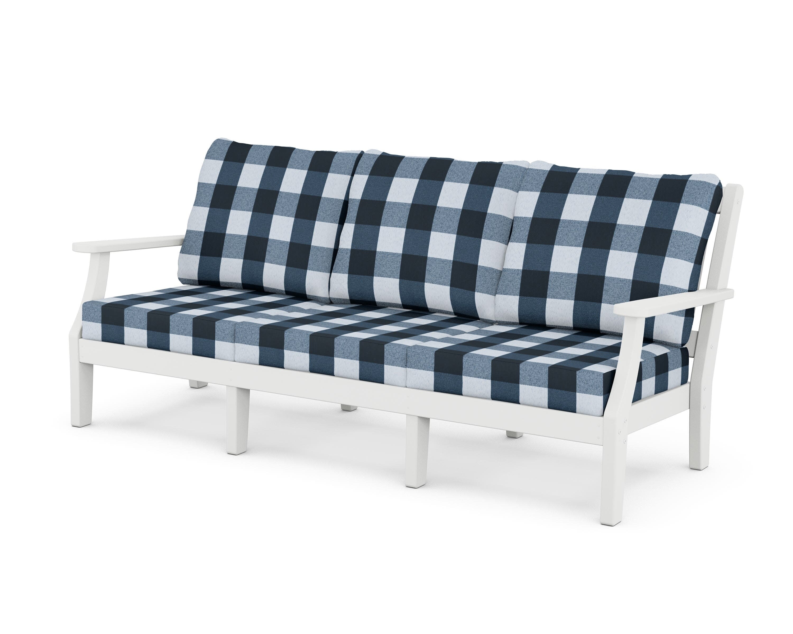 Chinoiserie Deep Seating Sofa in White / Buffalo Plaid Marine Indigo