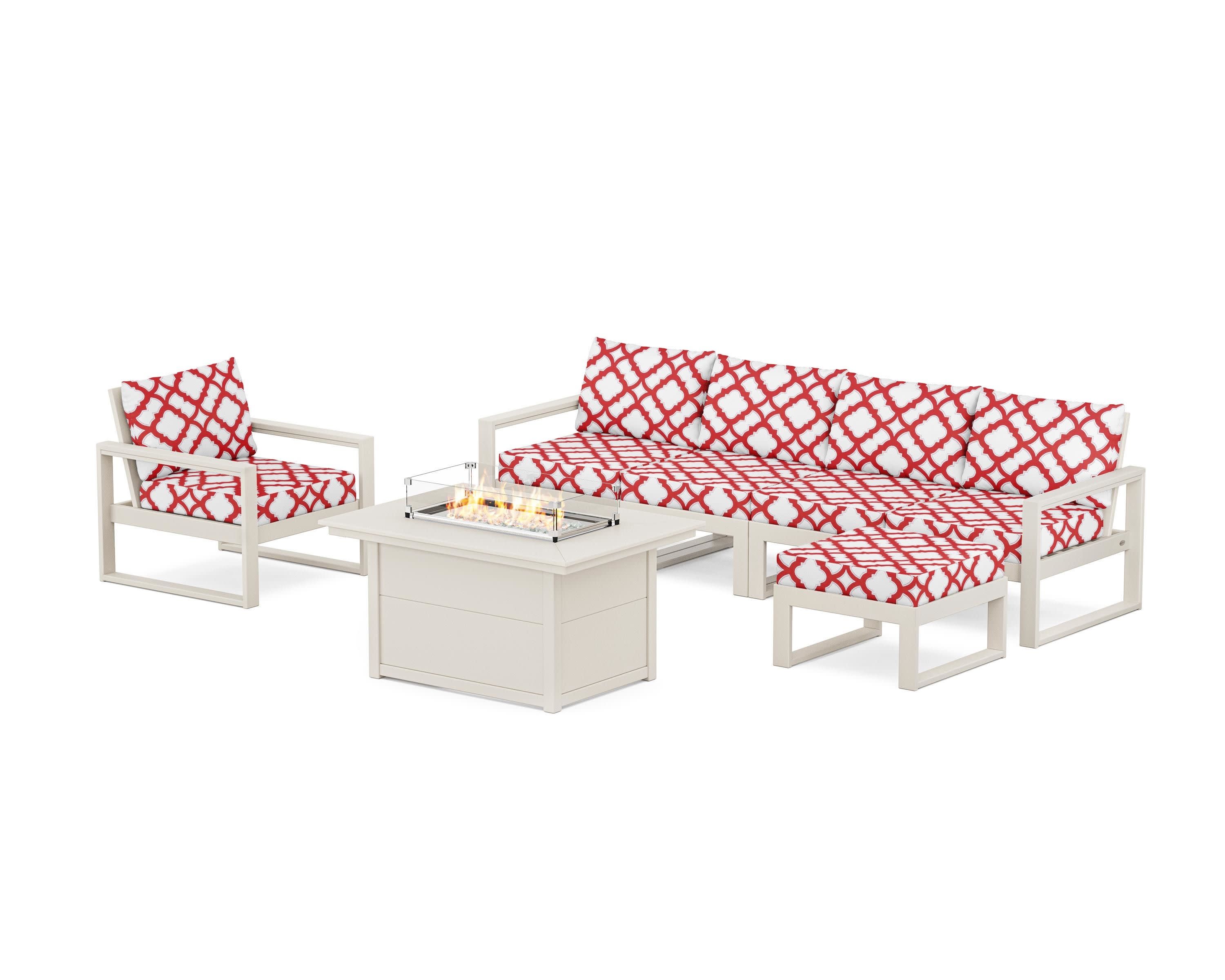 EDGE Sectional Lounge and Fire Pit Set in Sand / Trellis Crimson