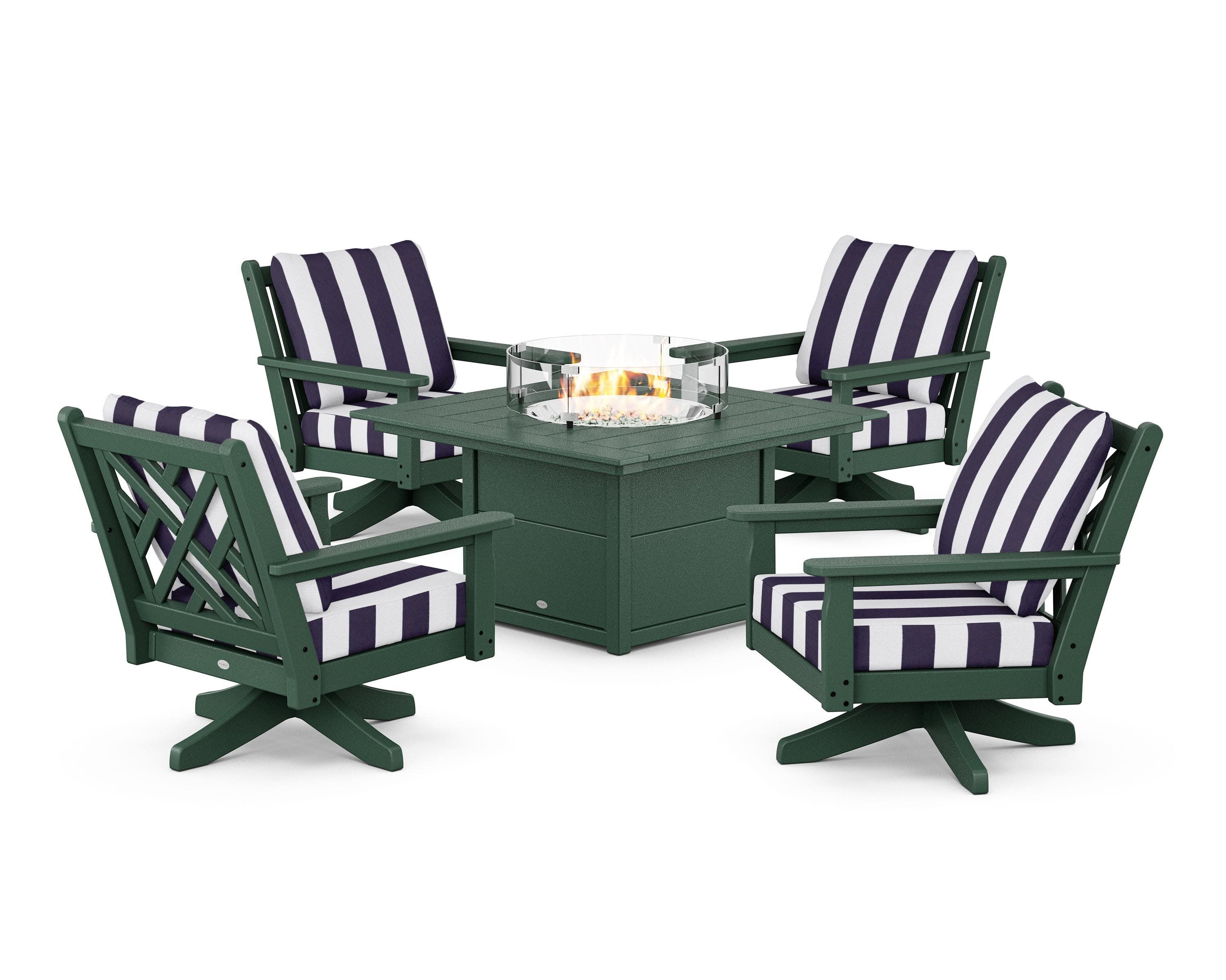 Chippendale 5-Piece Deep Seating Swivel Conversation Set with Fire Pit Table in Green / Cabana Stripe Navy