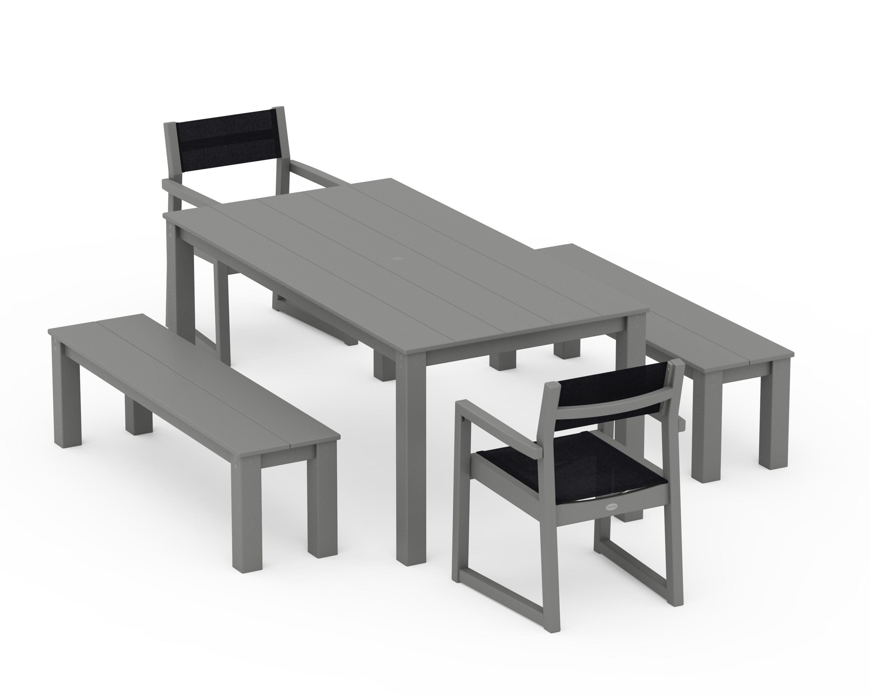 EDGE Sling Arm Chair 5-Piece Parsons Dining Set with Benches in Slate Grey / Black Sling