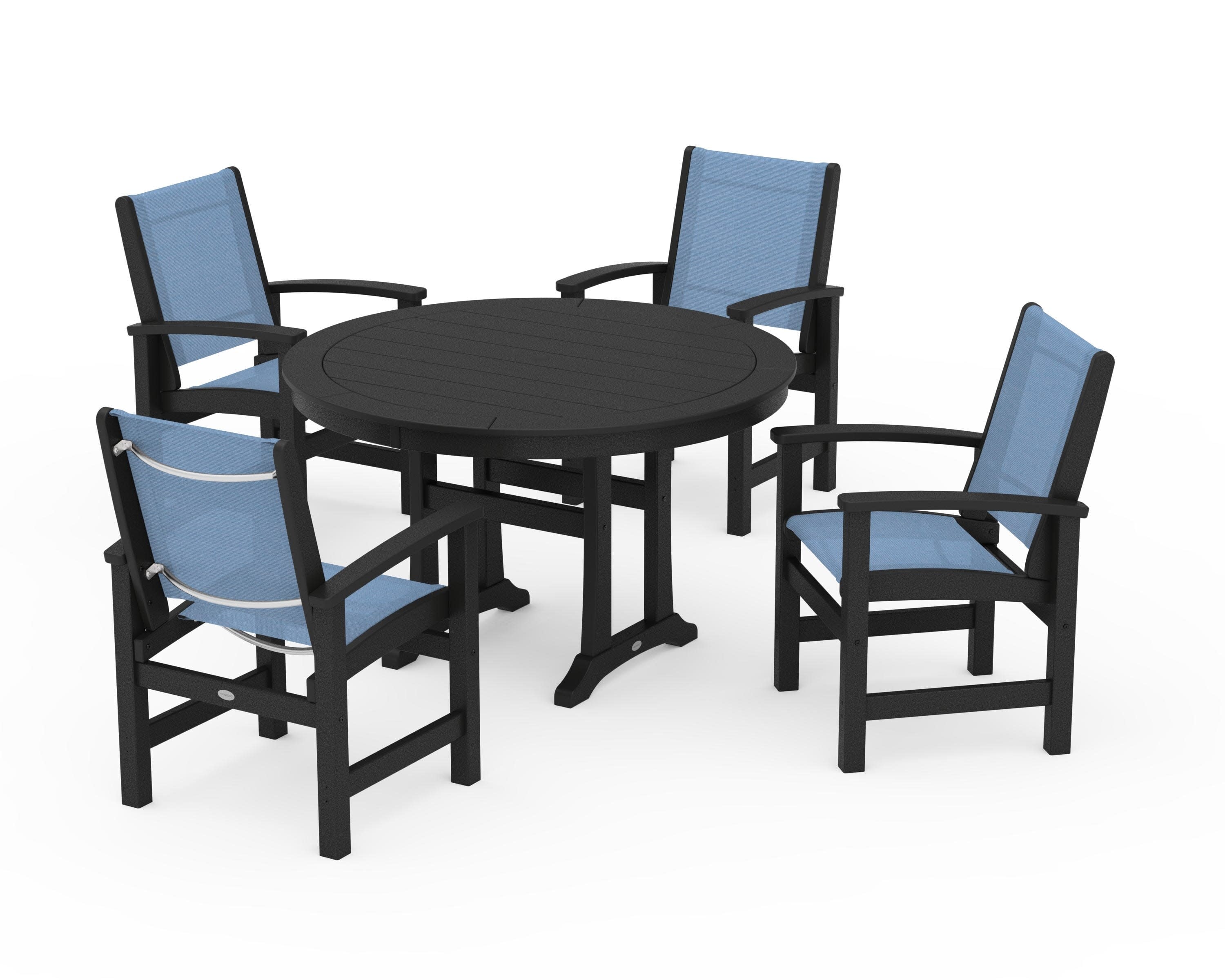 Coastal 5-Piece Round Dining Set with Trestle Legs in Black / Poolside Sling