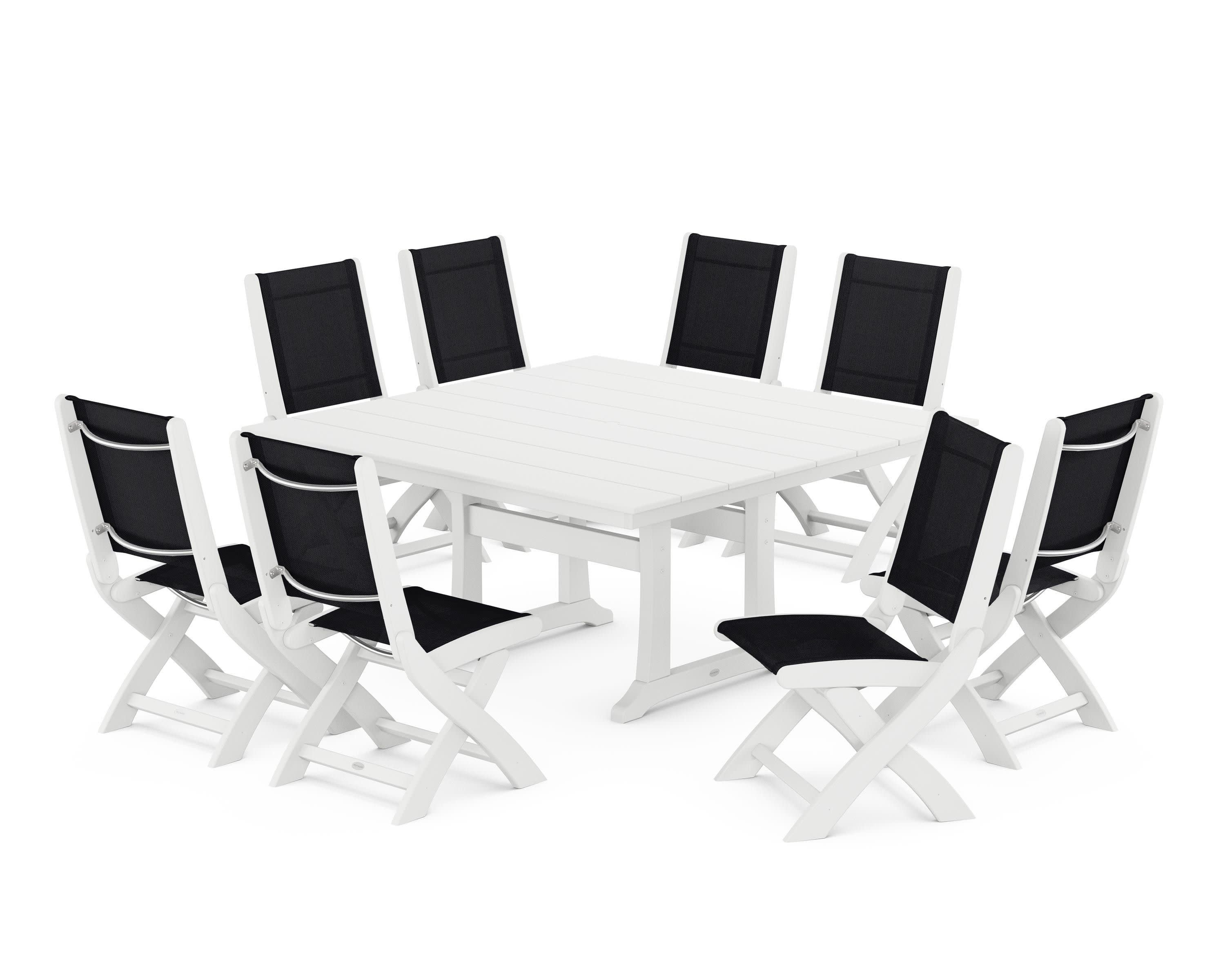 Coastal Folding Side Chair 9-Piece Farmhouse Dining Set in White / Black Sling