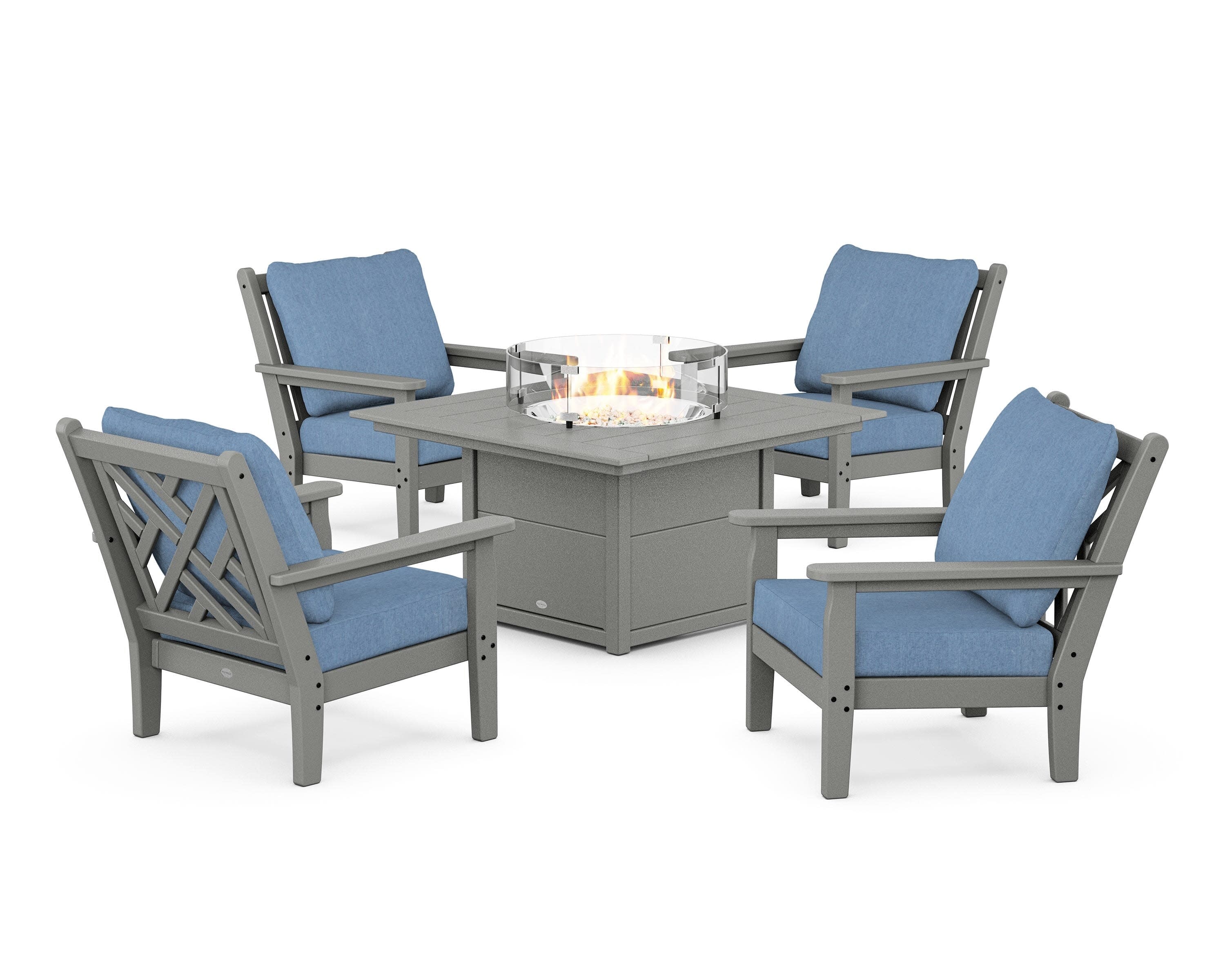 Chippendale 5-Piece Deep Seating Set with Fire Pit Table in Slate Grey / Sky Blue