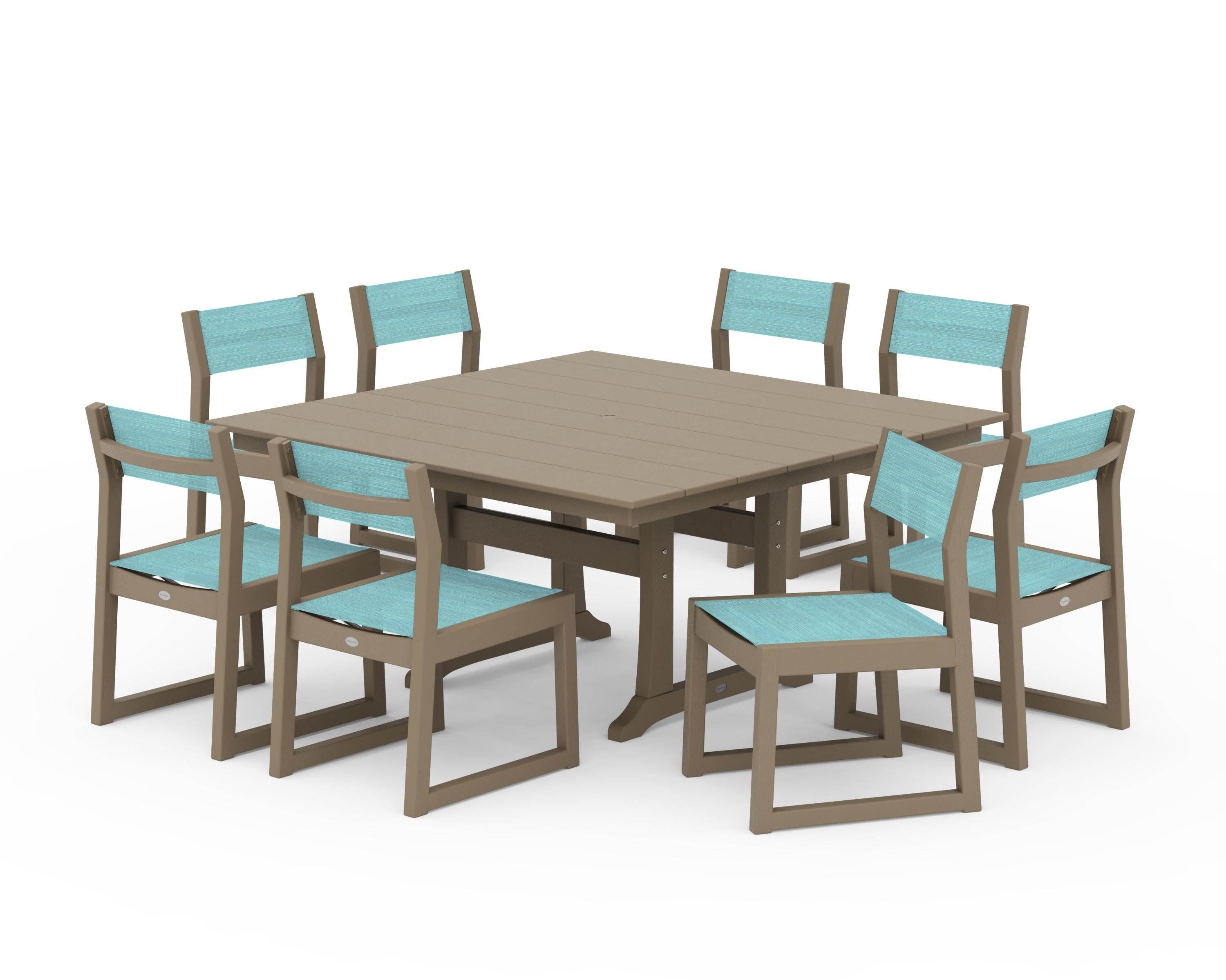 EDGE Sling Side Chair 9-Piece Farmhouse Trestle Dining Set in Vintage Sahara / Dupioni Aquamarine Sling