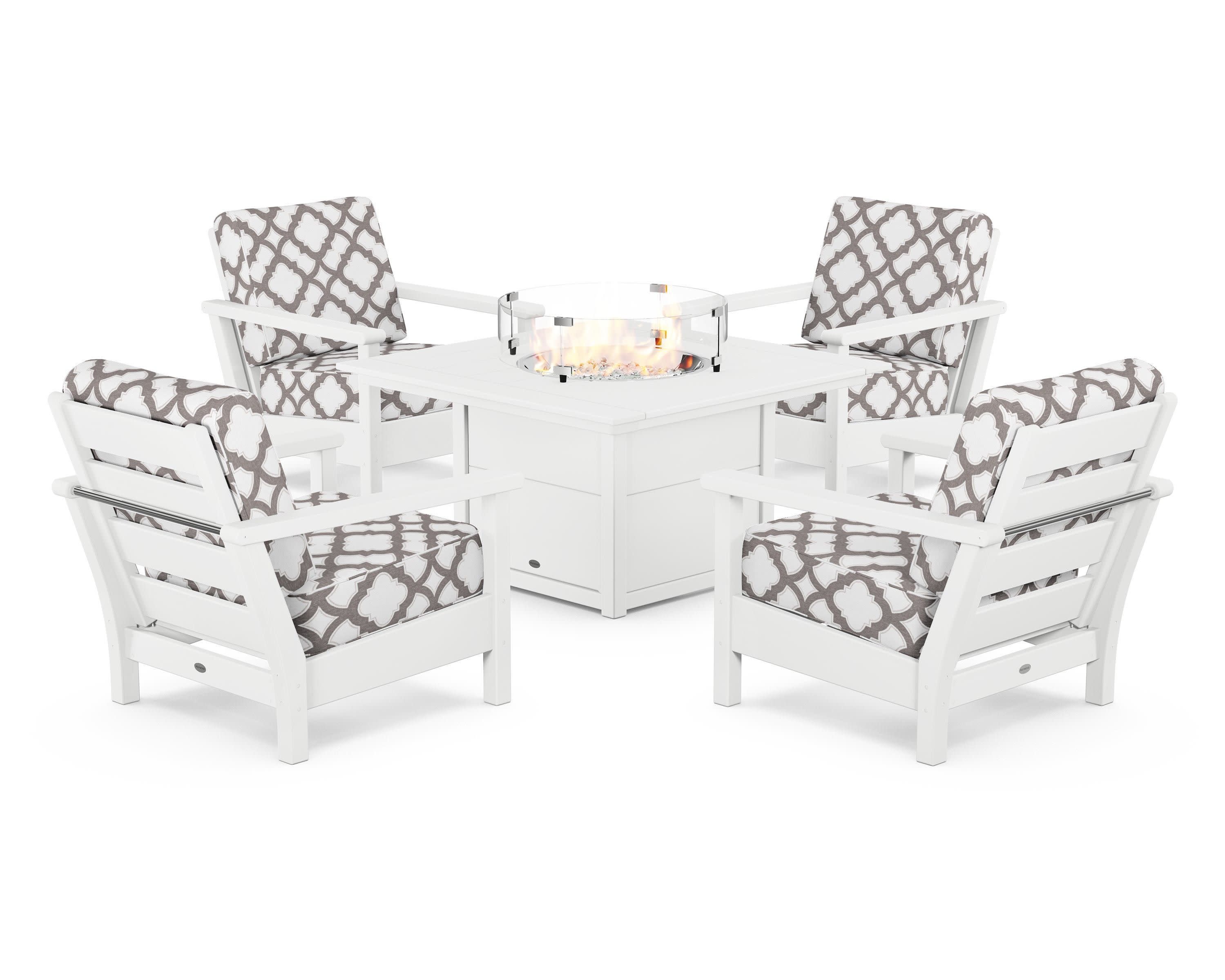 Harbour 5-Piece Conversation Set with Fire Pit Table in White / Trellis Grey Mist