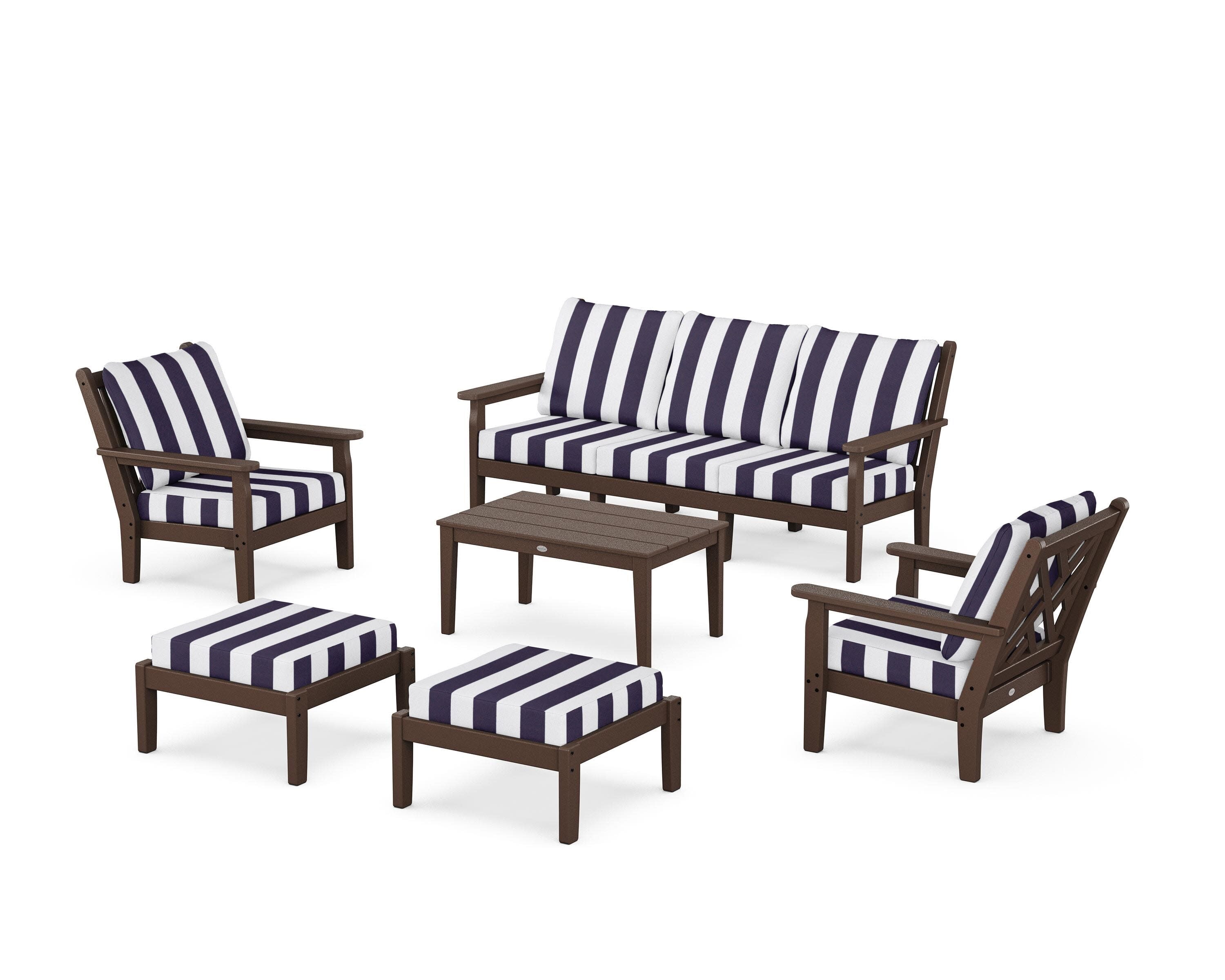 Chippendale 6-Piece Lounge Sofa Set in Mahogany / Cabana Stripe Navy