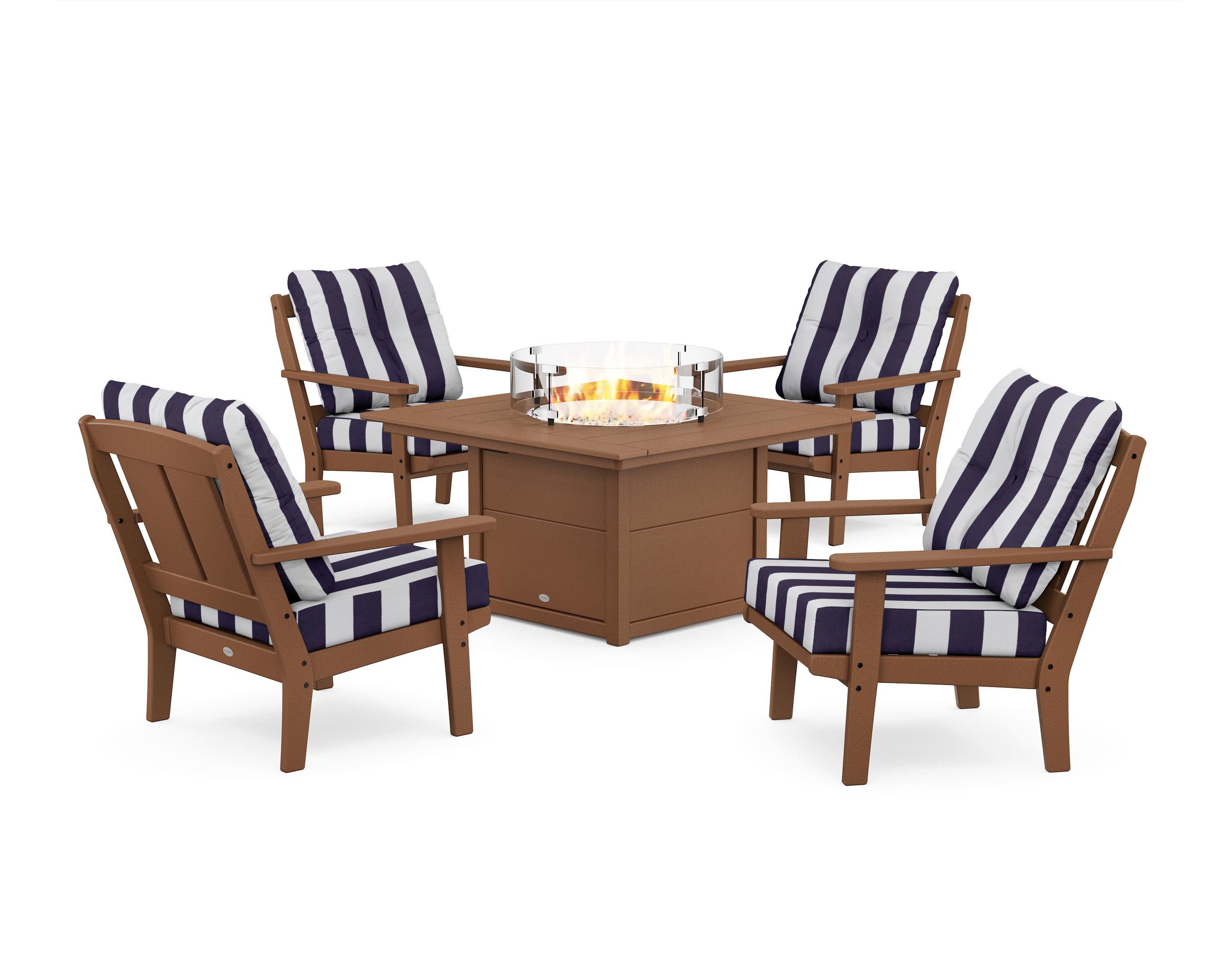 Mission 5-Piece Deep Seating Set with Fire Pit Table in Teak / Cabana Stripe Navy