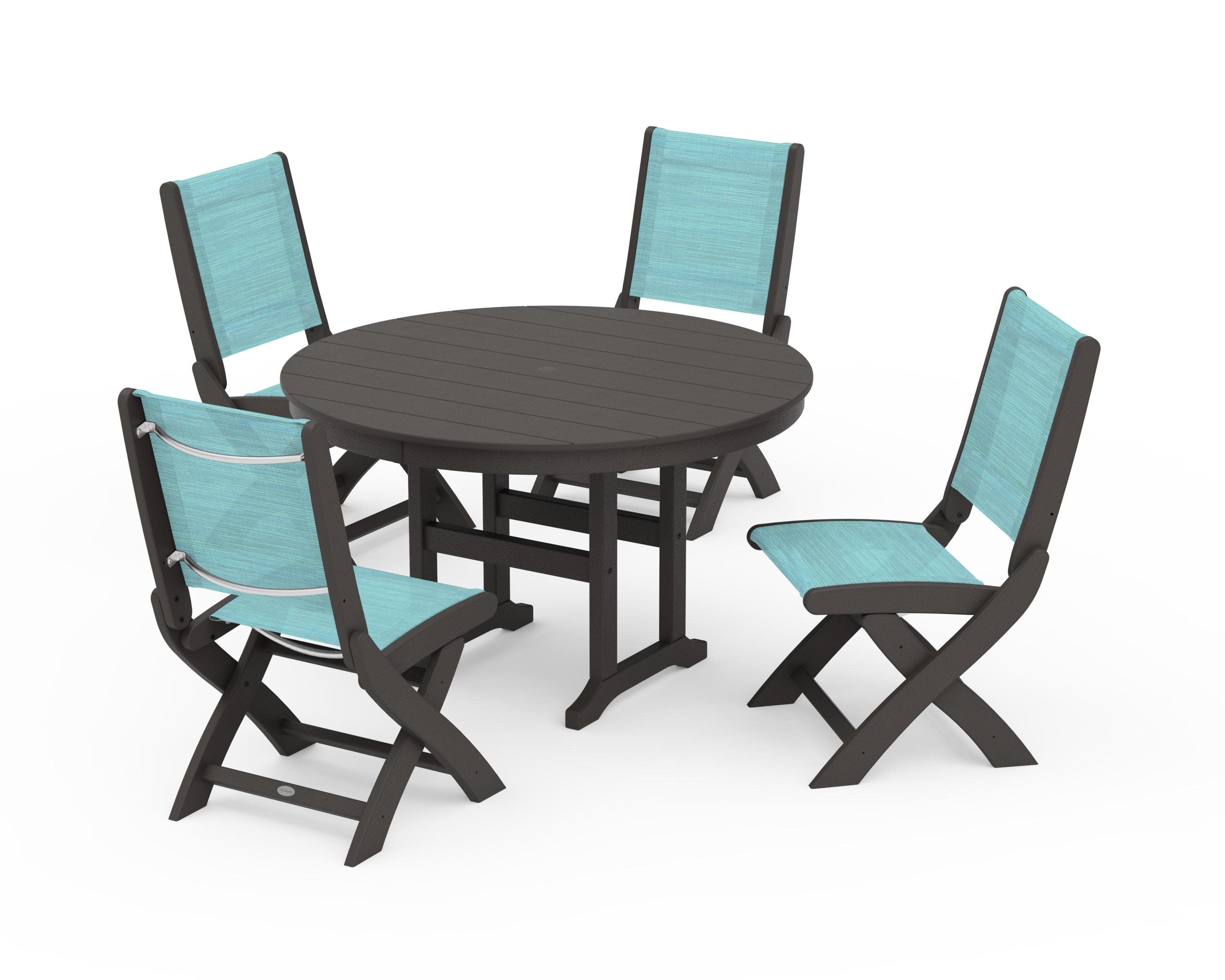 Coastal Folding Side Chair 5-Piece Round Dining Set in Vintage Coffee / Dupioni Aquamarine Sling