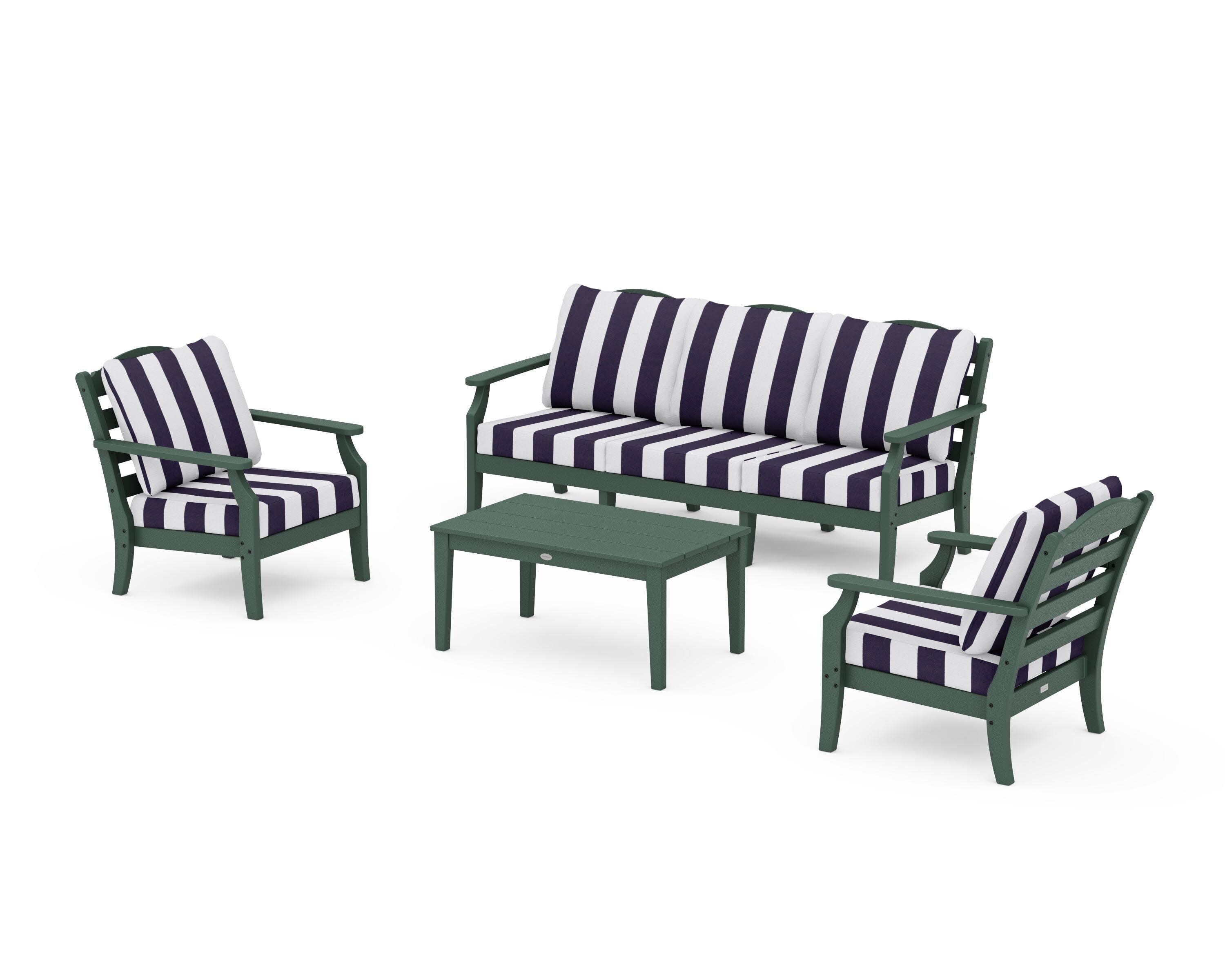 Savannah 4-Piece Deep Seating Set with Sofa in Green / Cabana Stripe Navy