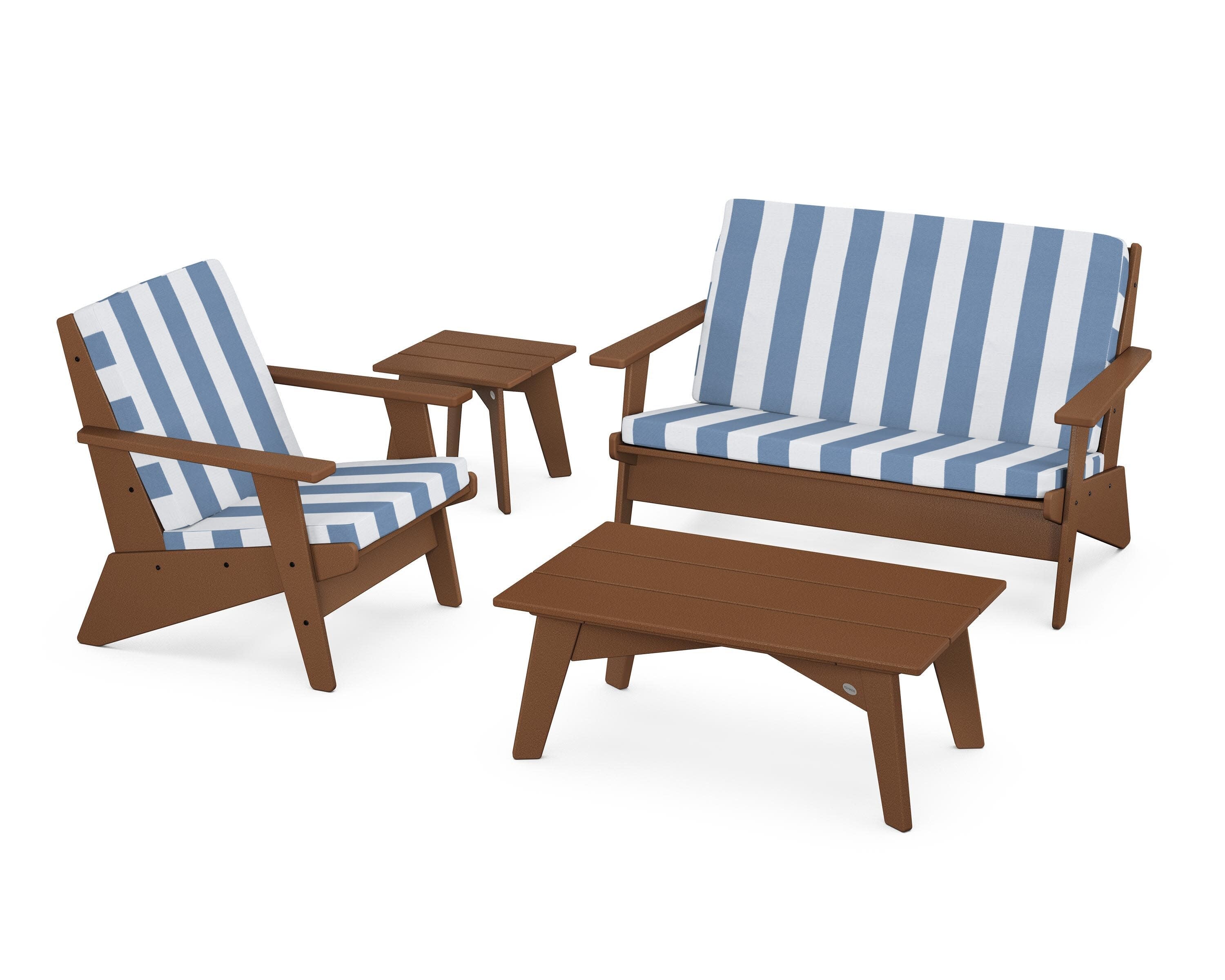 Riviera Modern Lounge 4-Piece Set in Teak / Cabana Stripe Sky Blue