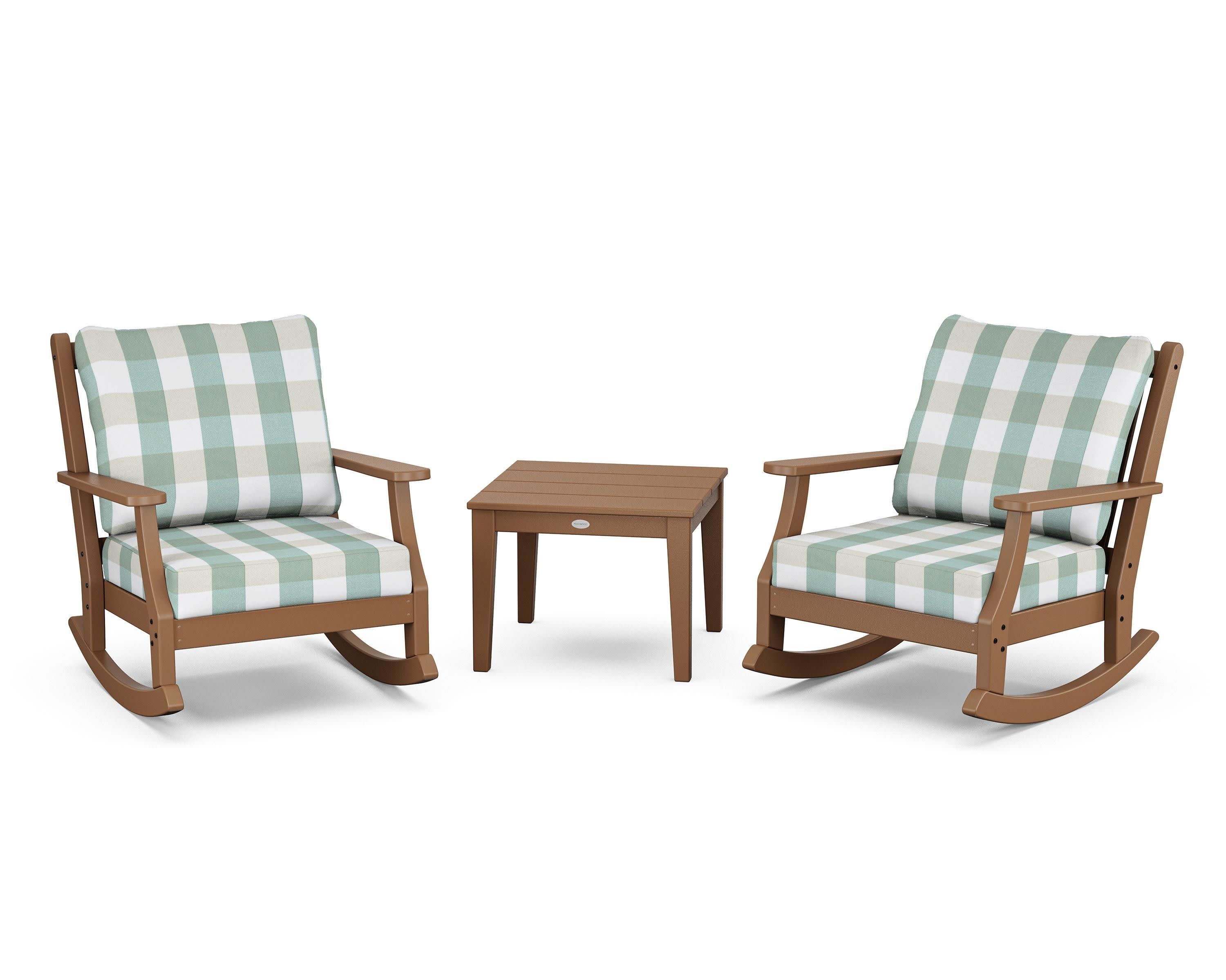 Wovendale 3-Piece Deep Seating Rocker Set in Teak / Buffalo Plaid Glacier Spa