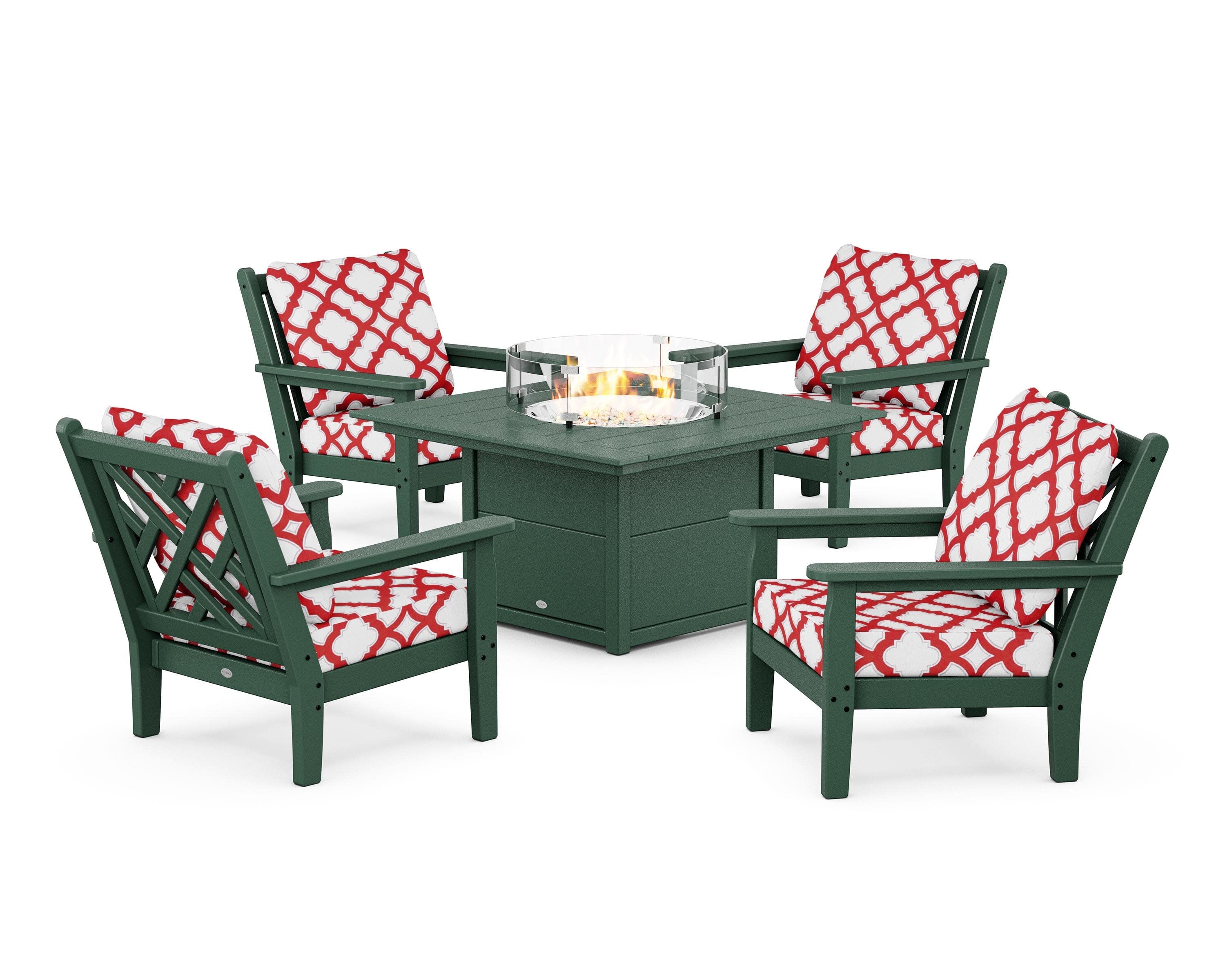 Chippendale 5-Piece Deep Seating Set with Fire Pit Table in Green / Trellis Crimson