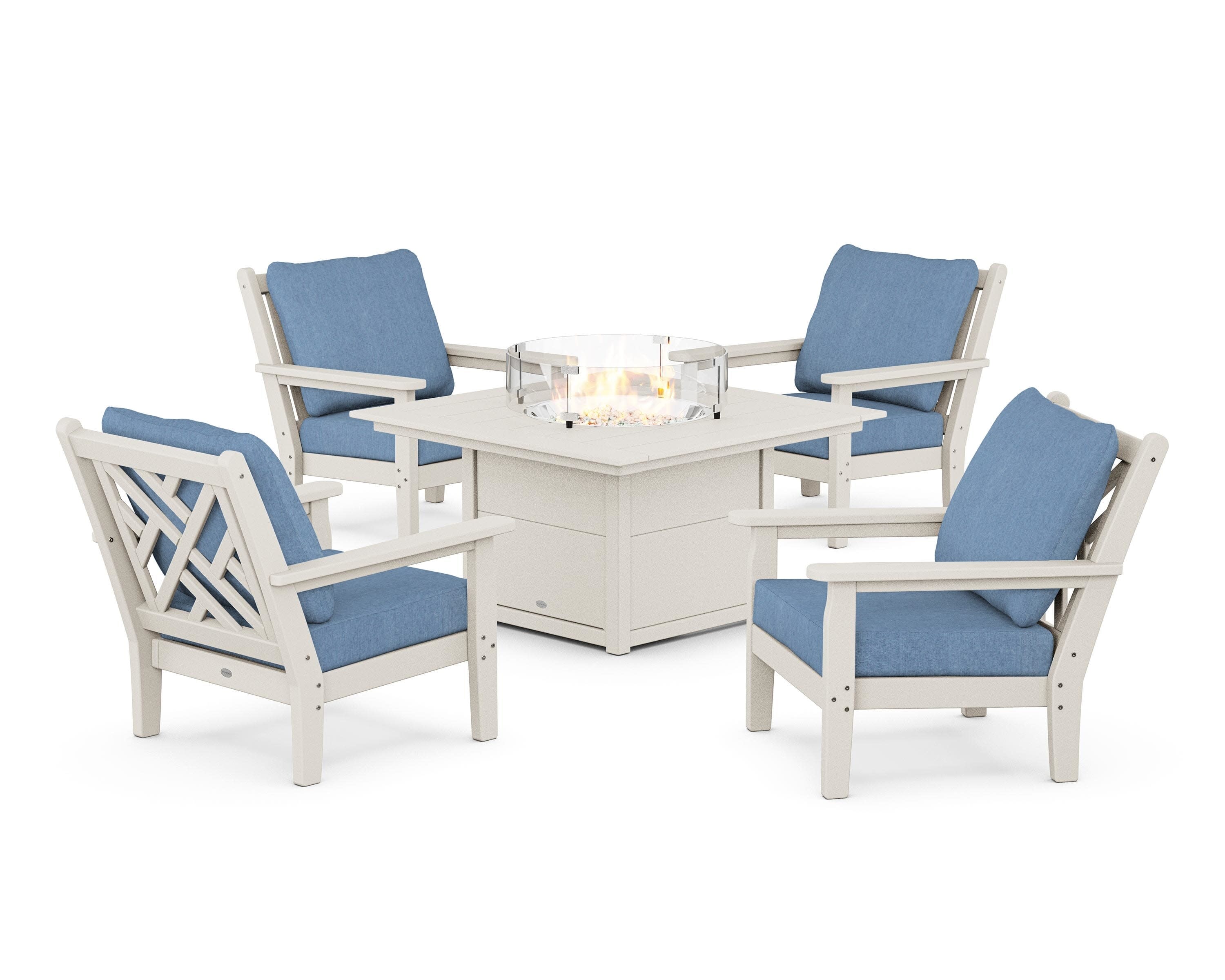 Chippendale 5-Piece Deep Seating Set with Fire Pit Table in Sand / Sky Blue