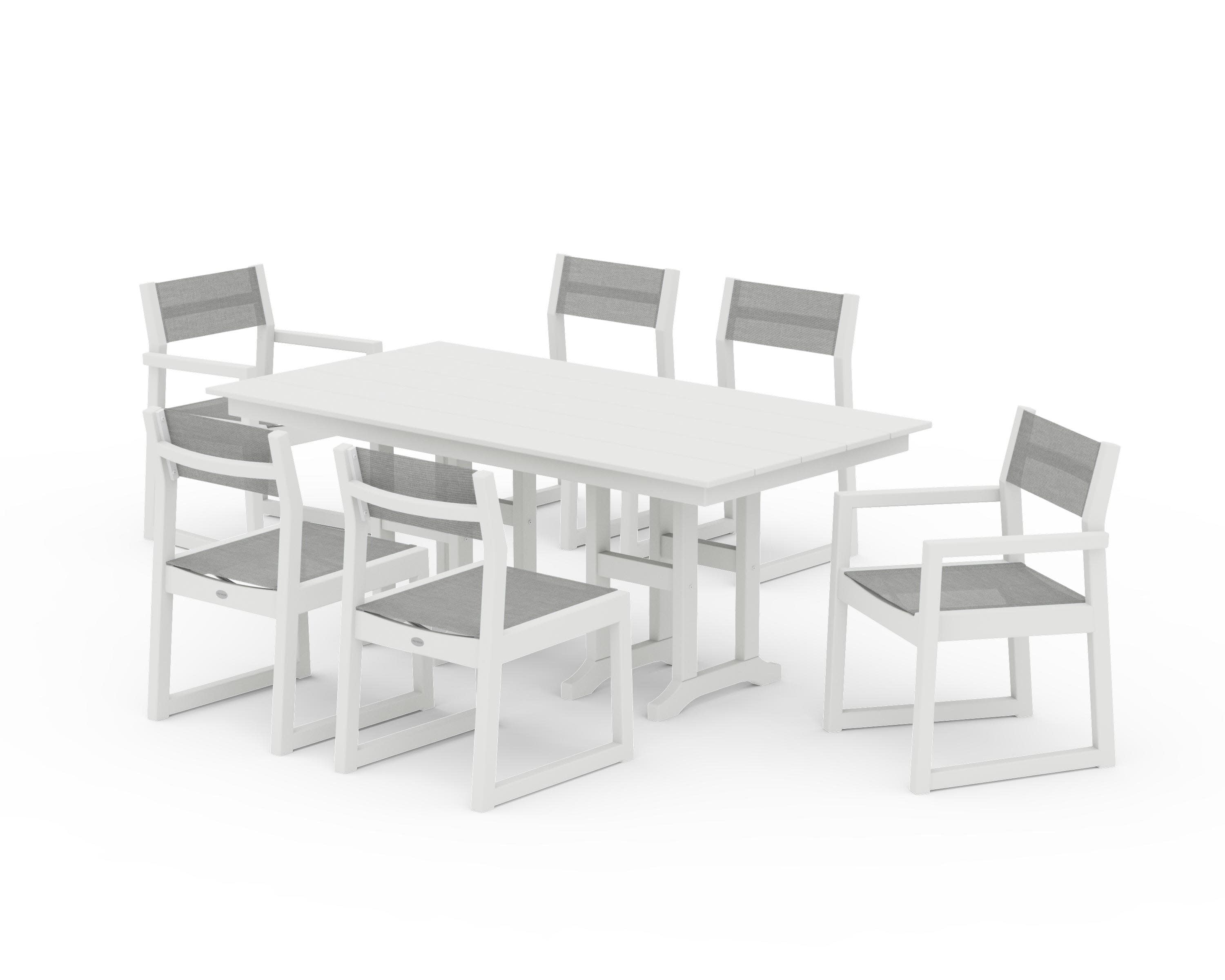 EDGE Sling 7-Piece Farmhouse Dining Set in Vintage White / Metallic Sling