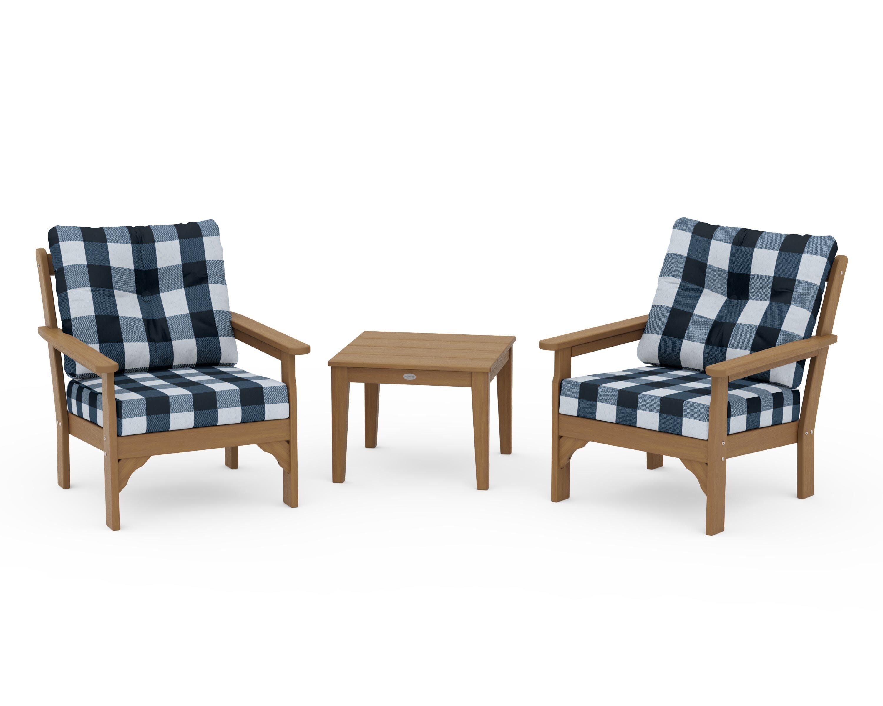 Vineyard 3-Piece Deep Seating Set in Natural / Buffalo Plaid Marine Indigo