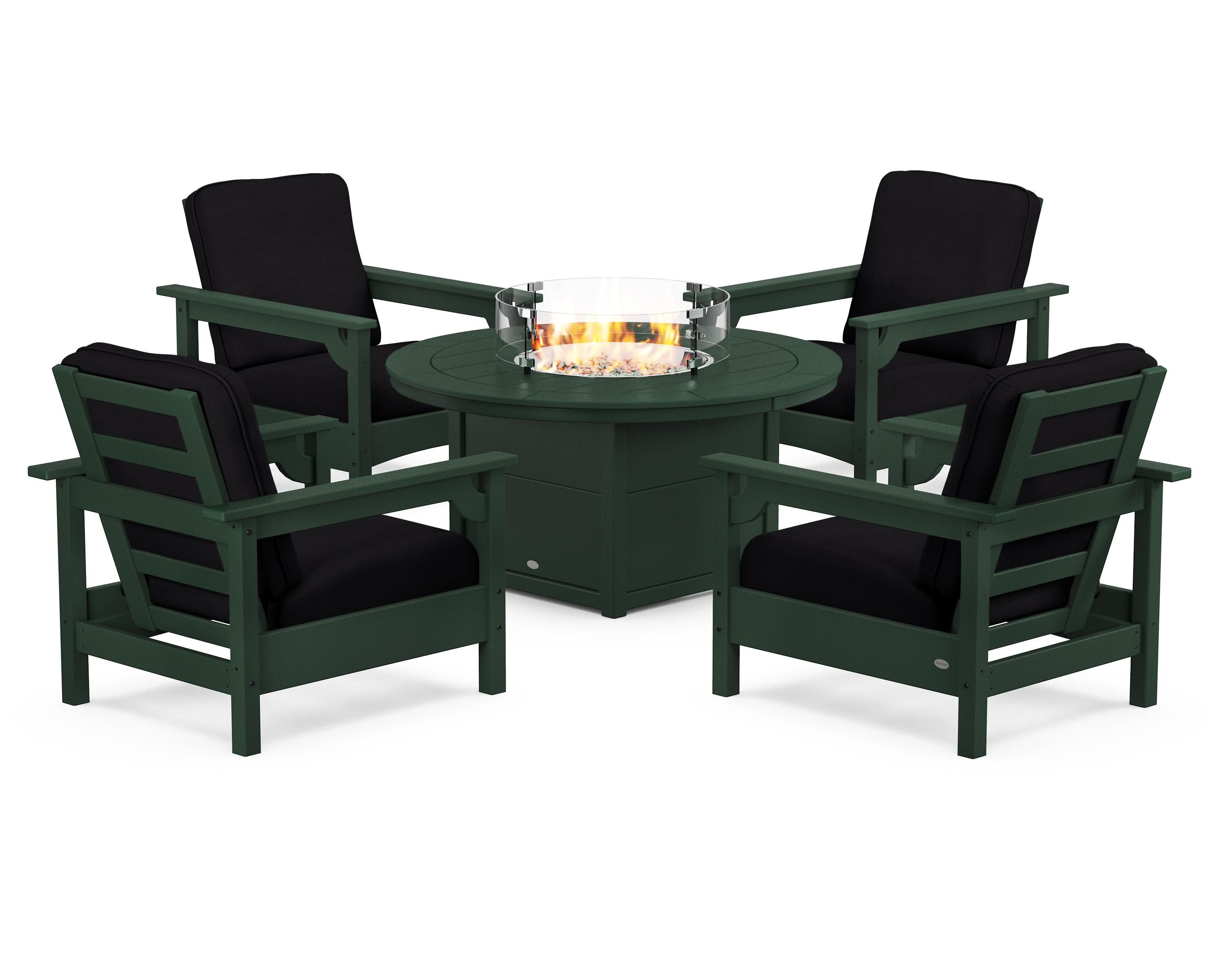 Club 5-Piece Conversation Set with Fire Pit Table in Green / Midnight Linen