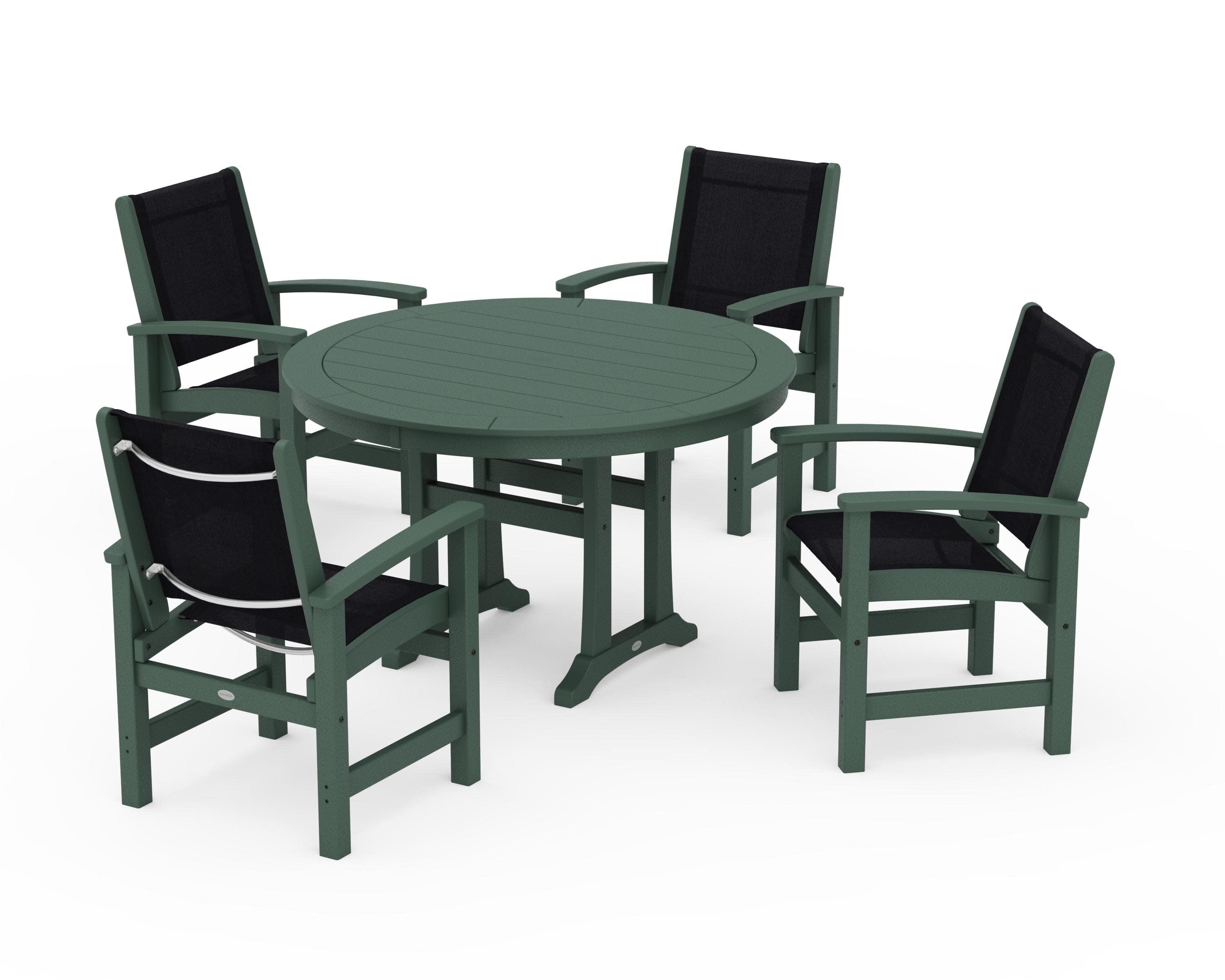 Coastal 5-Piece Round Dining Set with Trestle Legs in Green / Black Sling