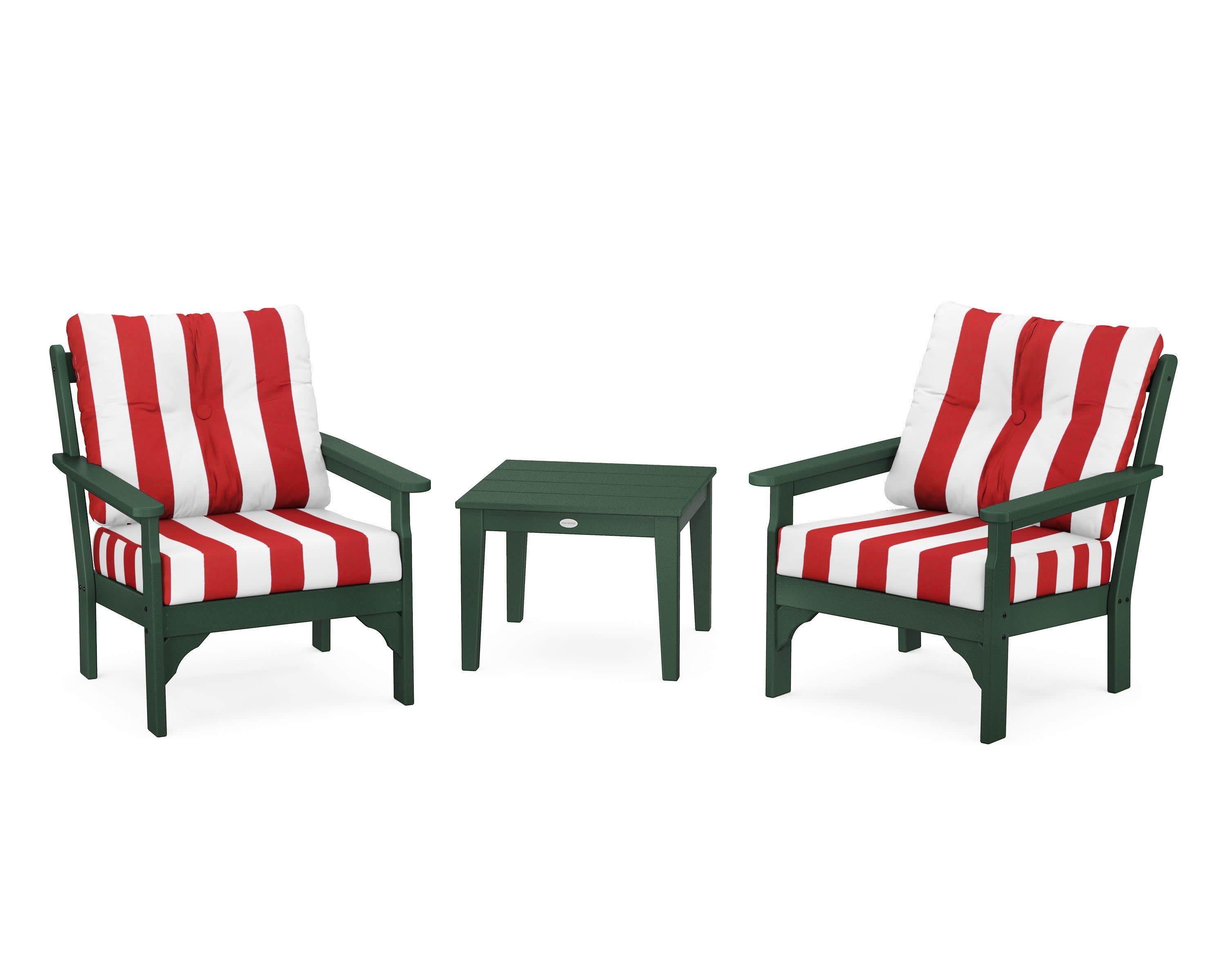 Vineyard 3-Piece Deep Seating Set in Green / Cabana Stripe Crimson