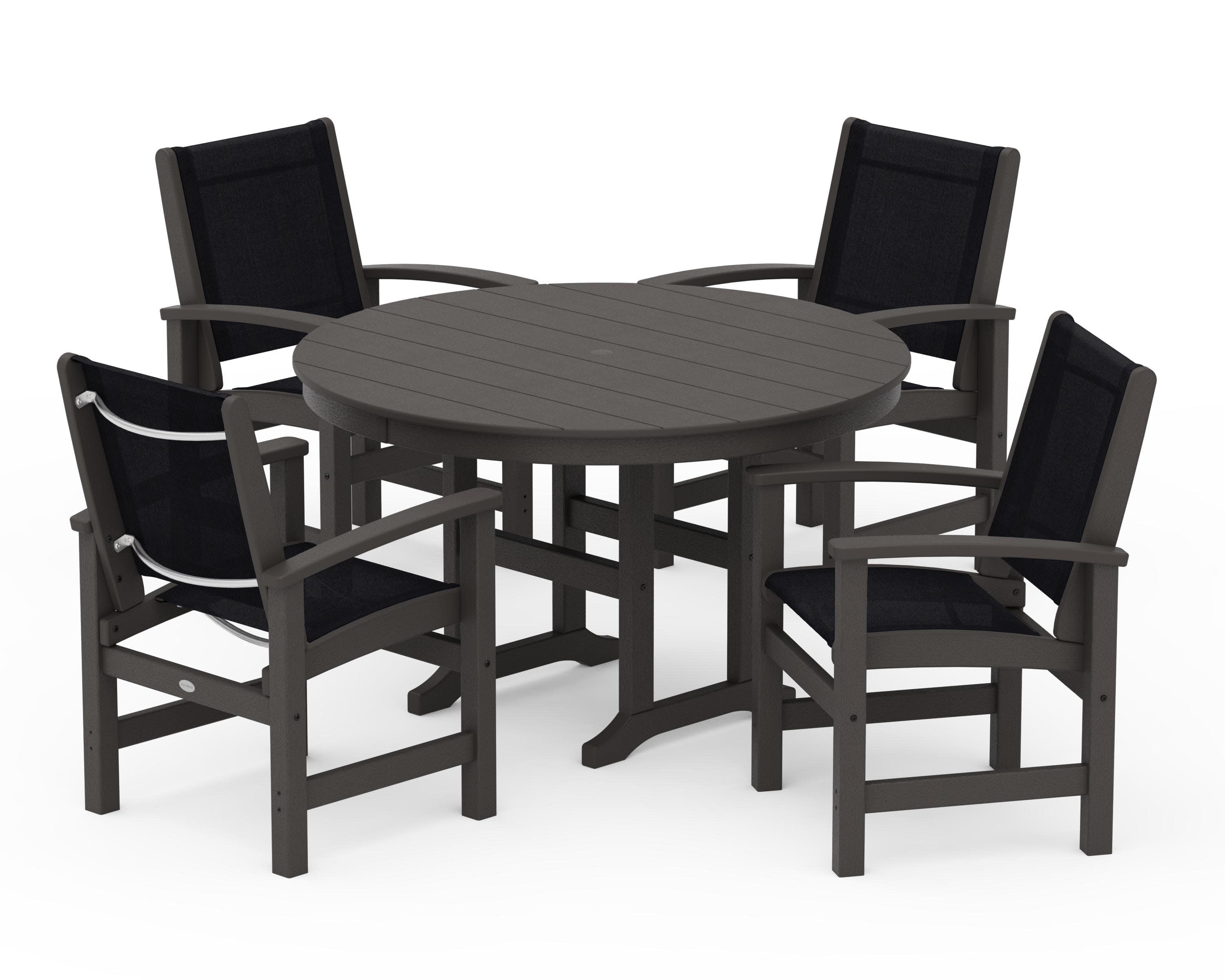 Coastal 5-Piece Round Farmhouse Dining Set in Vintage Coffee / Black Sling