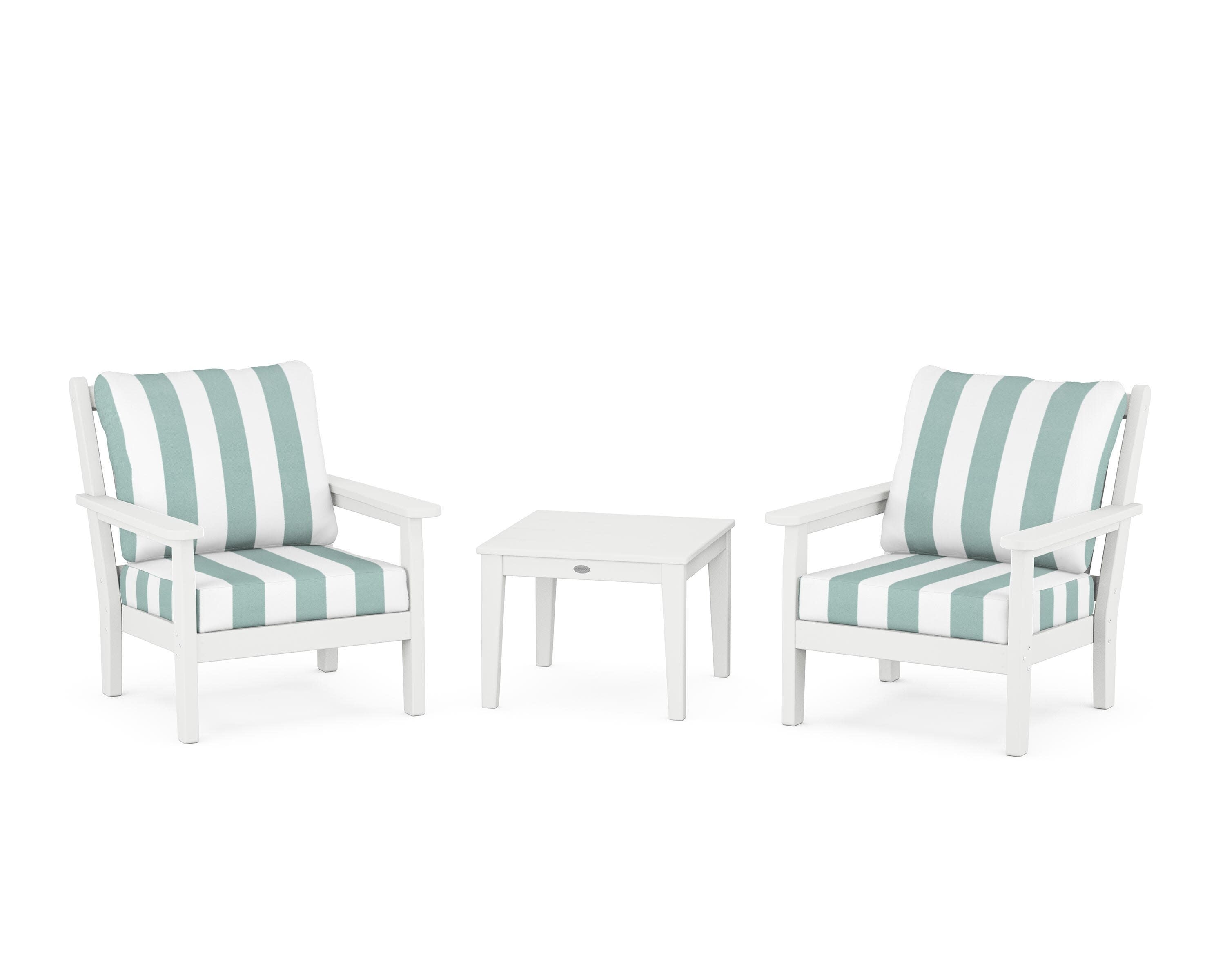 Chippendale 3-Piece Deep Seating Set in White / Cabana Stripe Glacier Spa