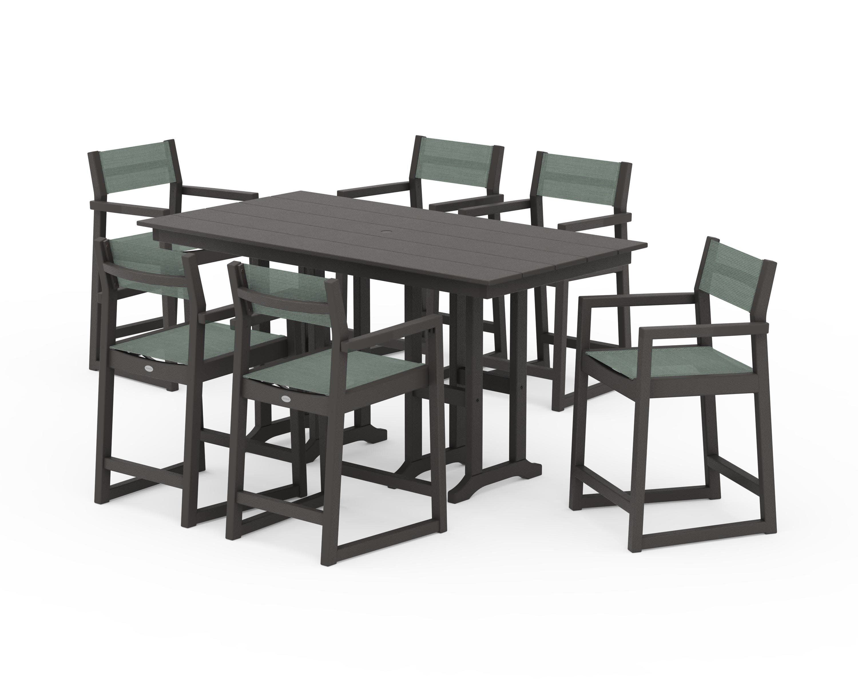 EDGE Sling Arm Chair 7-Piece Farmhouse Counter Set in Vintage Coffee / Dupioni Sea Mist Sling