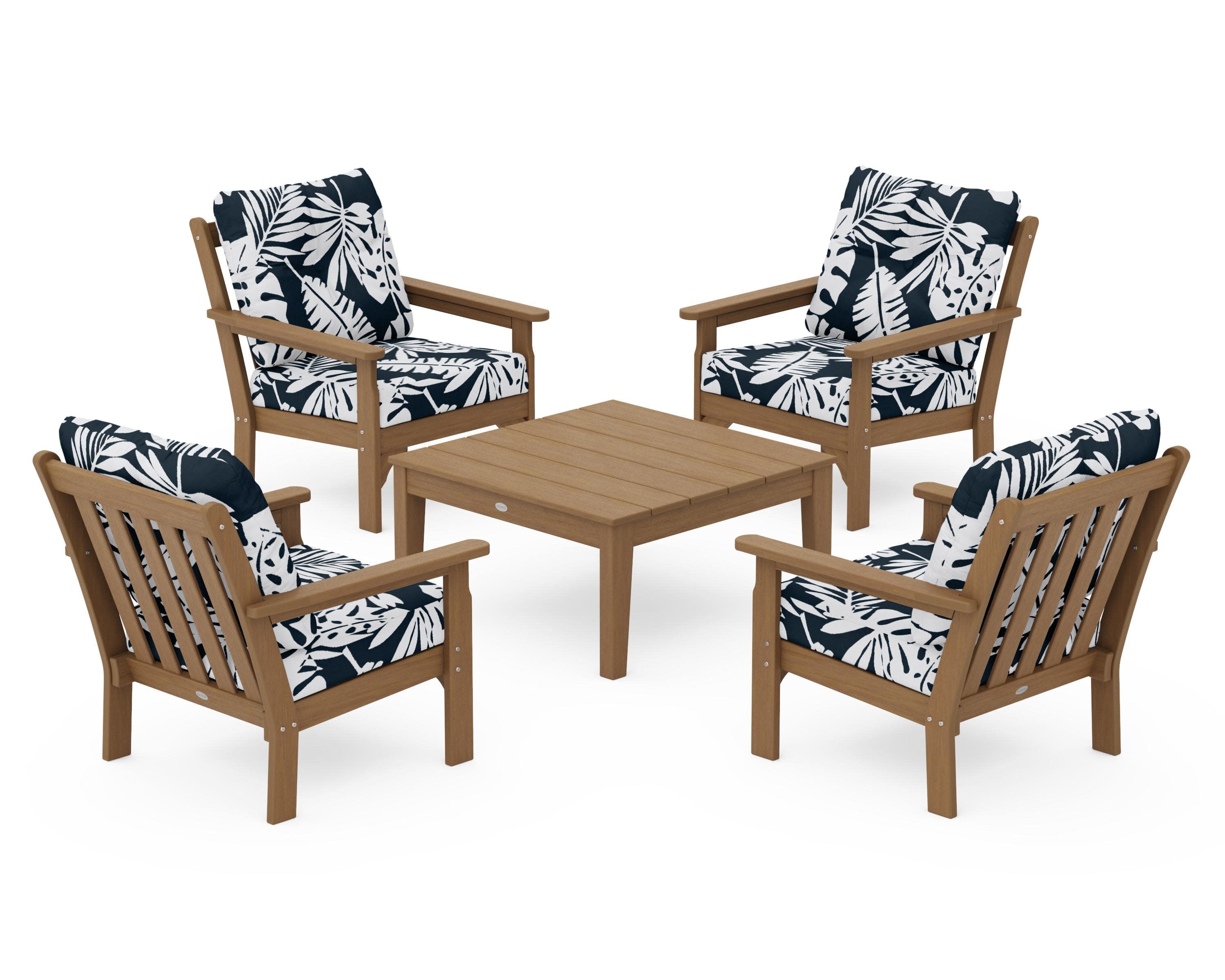 Vineyard 5-Piece Deep Seating Conversation Set in Natural / Leaf Marine Indigo