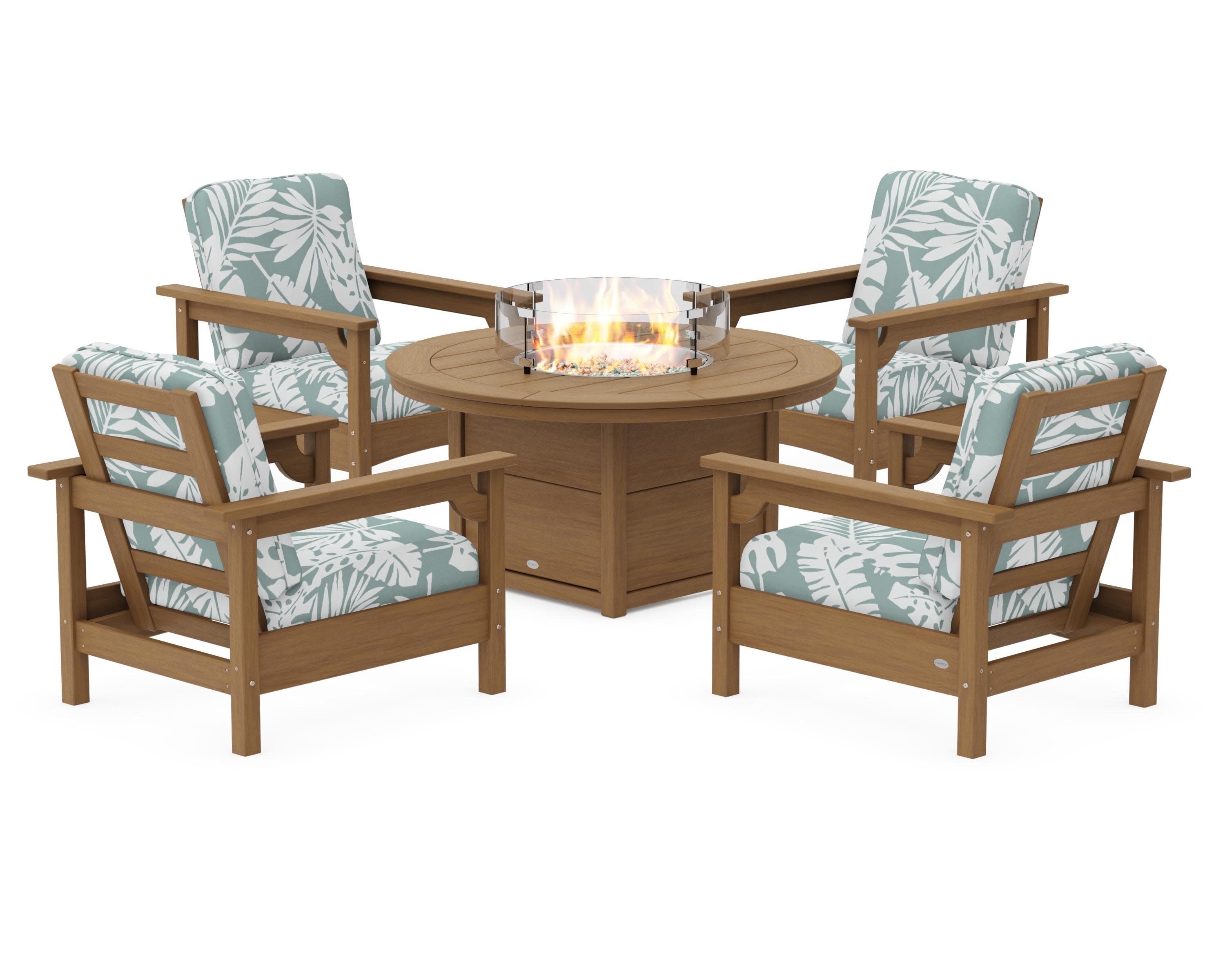 Club 5-Piece Conversation Set with Fire Pit Table in Natural / Leaf Glacier Spa