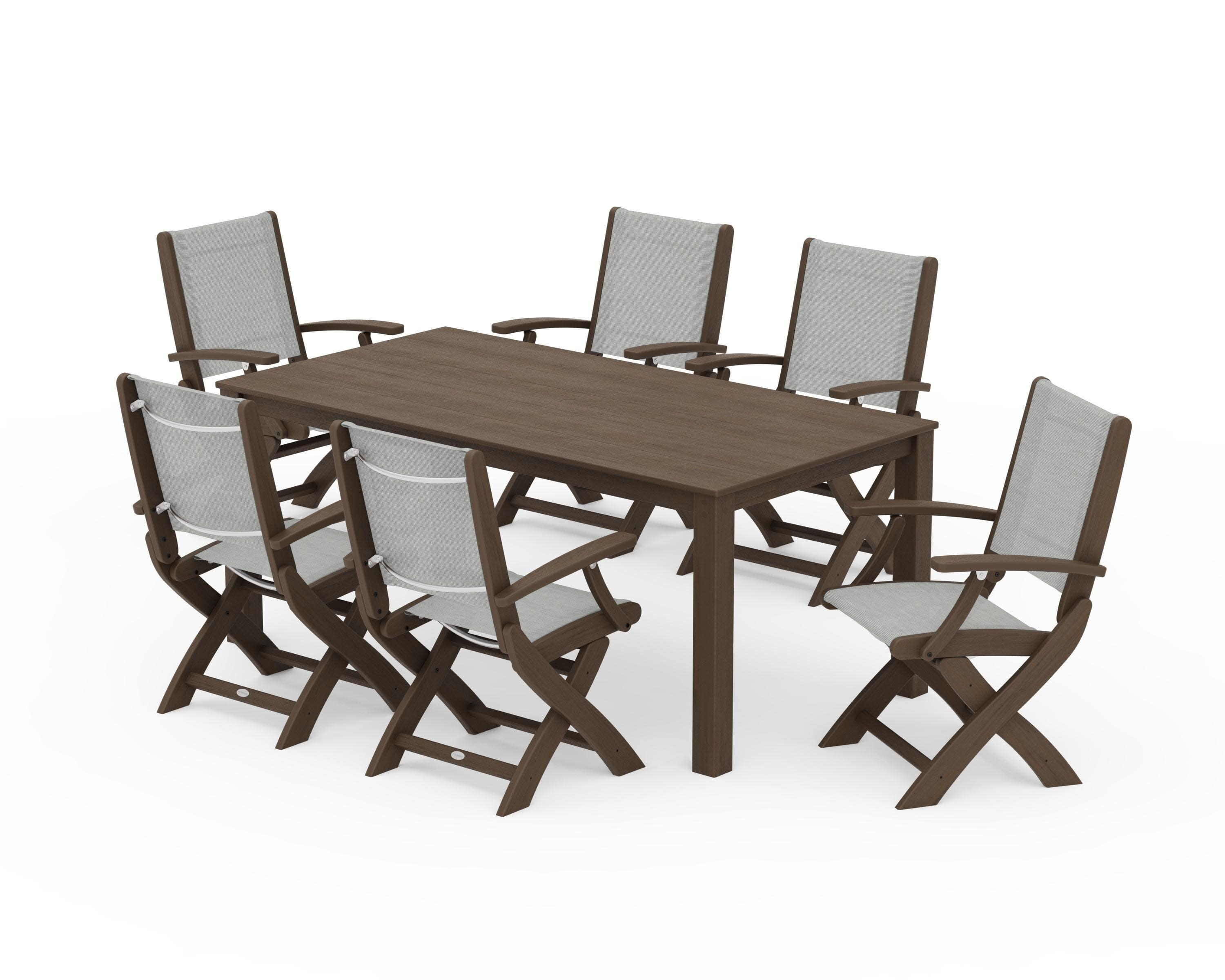 Coastal Folding Chair 7-Piece Parsons Dining Set in Kona / Metallic Sling