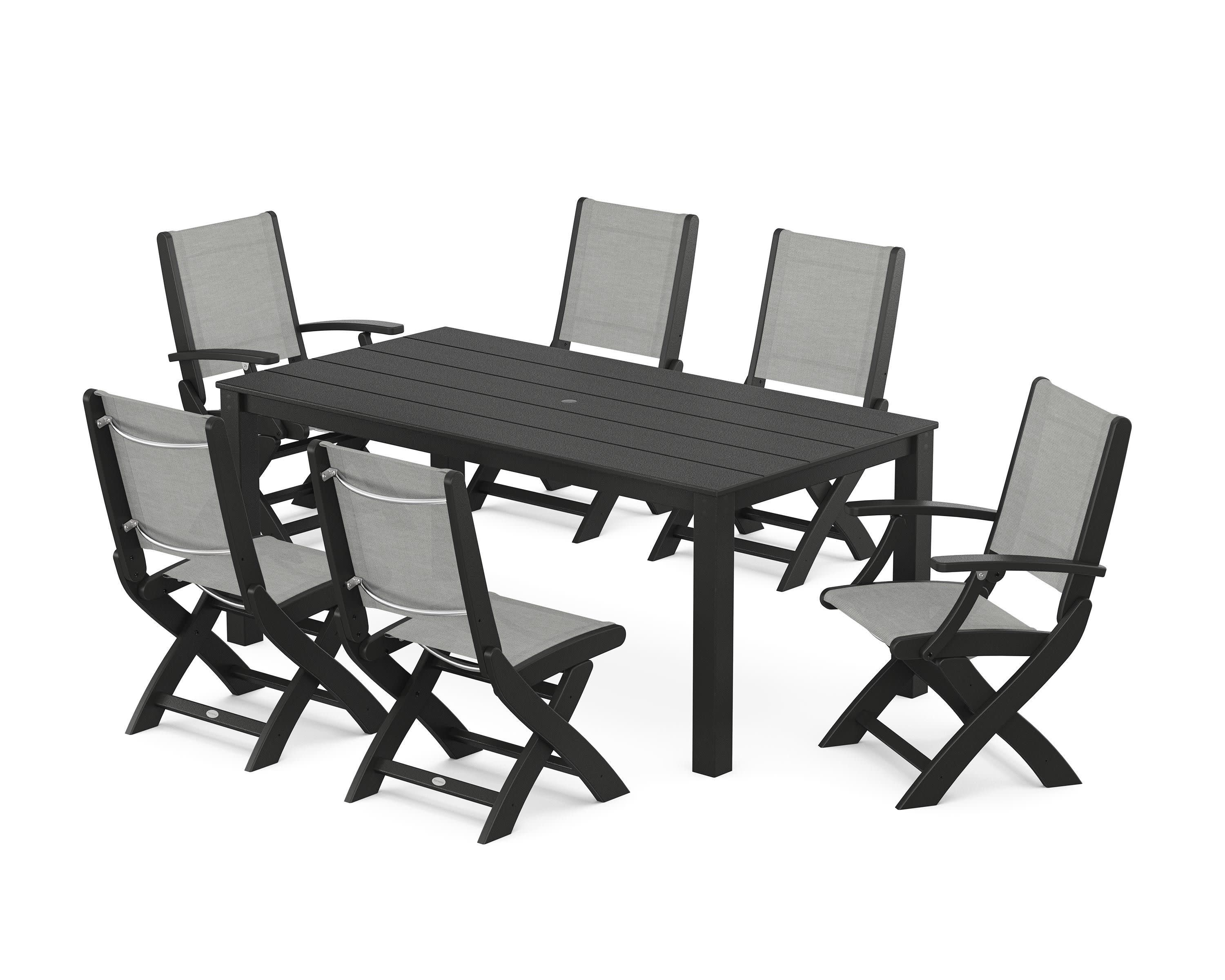 Coastal Folding Chair 7-Piece Parsons Dining Set in Black / Metallic Sling