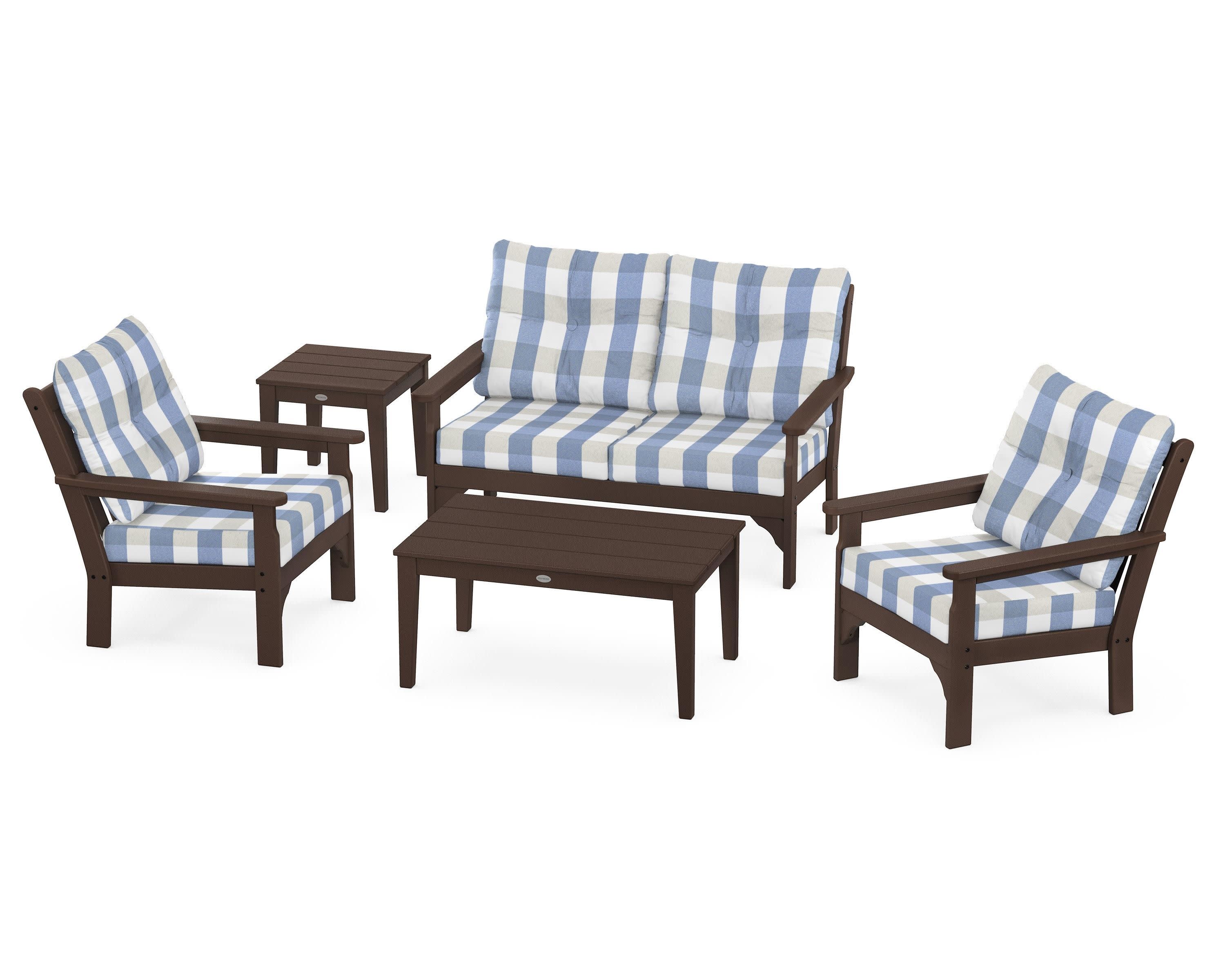 Vineyard 5-Piece Deep Seating Set in Mahogany / Buffalo Plaid Sky Blue